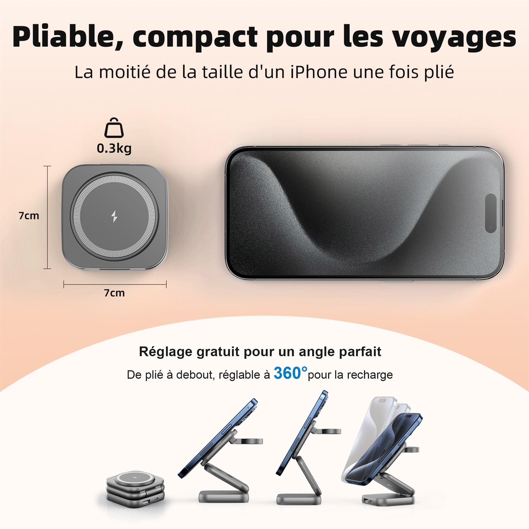 AC Island Chargeur Induction iPhone Compatible avec Mag-Safe, 5 en 1 Chargeur Rapide sans Fil pour séries iPhone 17/16/15/14/13/12, Apple Watch, AirPods, Station de Chargeur Pliable (Gris)