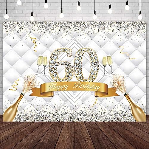 SENDY Fondo de fotos de feliz cumpleaños 60 de 7 x 5 pies, color dorado y plateado con purpurina, champán, fabulosa decoración de fiesta de