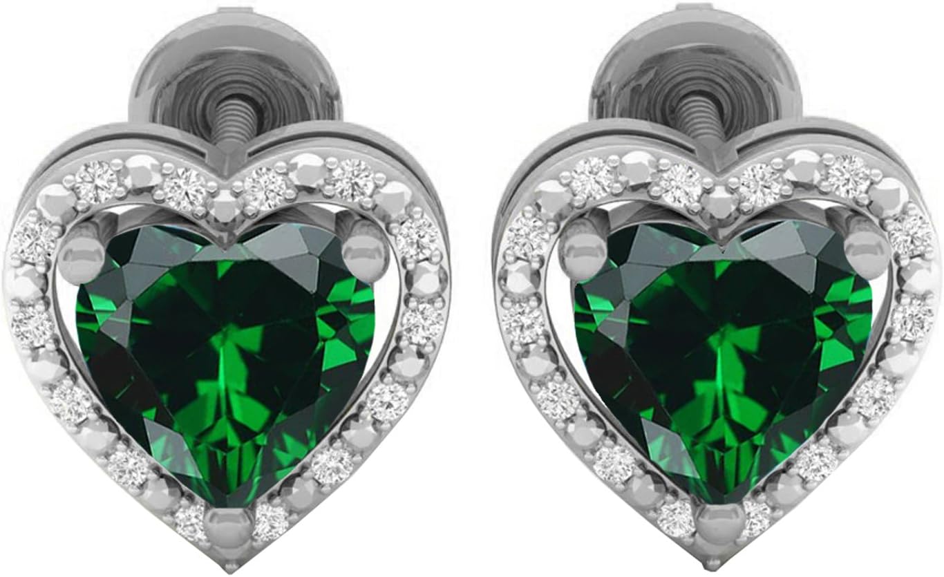 Dazzlingrock Collection 6mm Each Heart Lab Created Emerald & Round White Natural Diamond Stud Earrings for Her in 18K Real Solid Gold