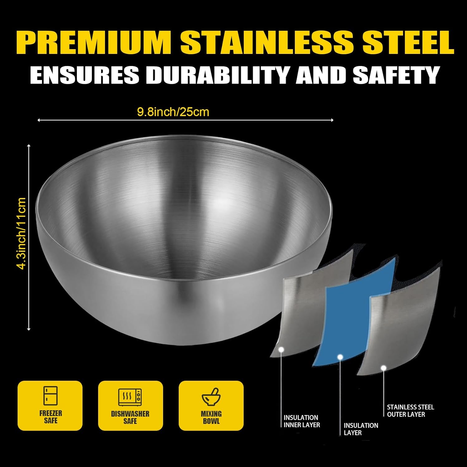 12 Pcs Stainless Steel Bowl, Sliver Mixing Bowl, 9.8 Inches Soup Bowls, Stainless Steel Cereal Bowls, Serving Double Wall Salad Rice Bowls, for Rice, Ice cream, Food-grade Material Dishwasher Safe