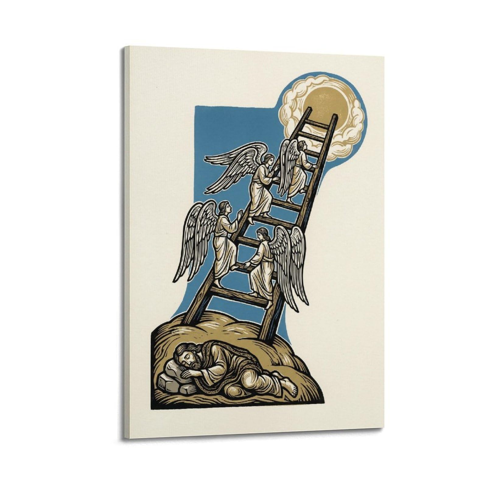OKNGB Bible Angel Poster Jacob Ladder Sky Blue Gold Heavenly Vision Decorative Painting Canvas Art Picture 24x36inch(60x90cm)
