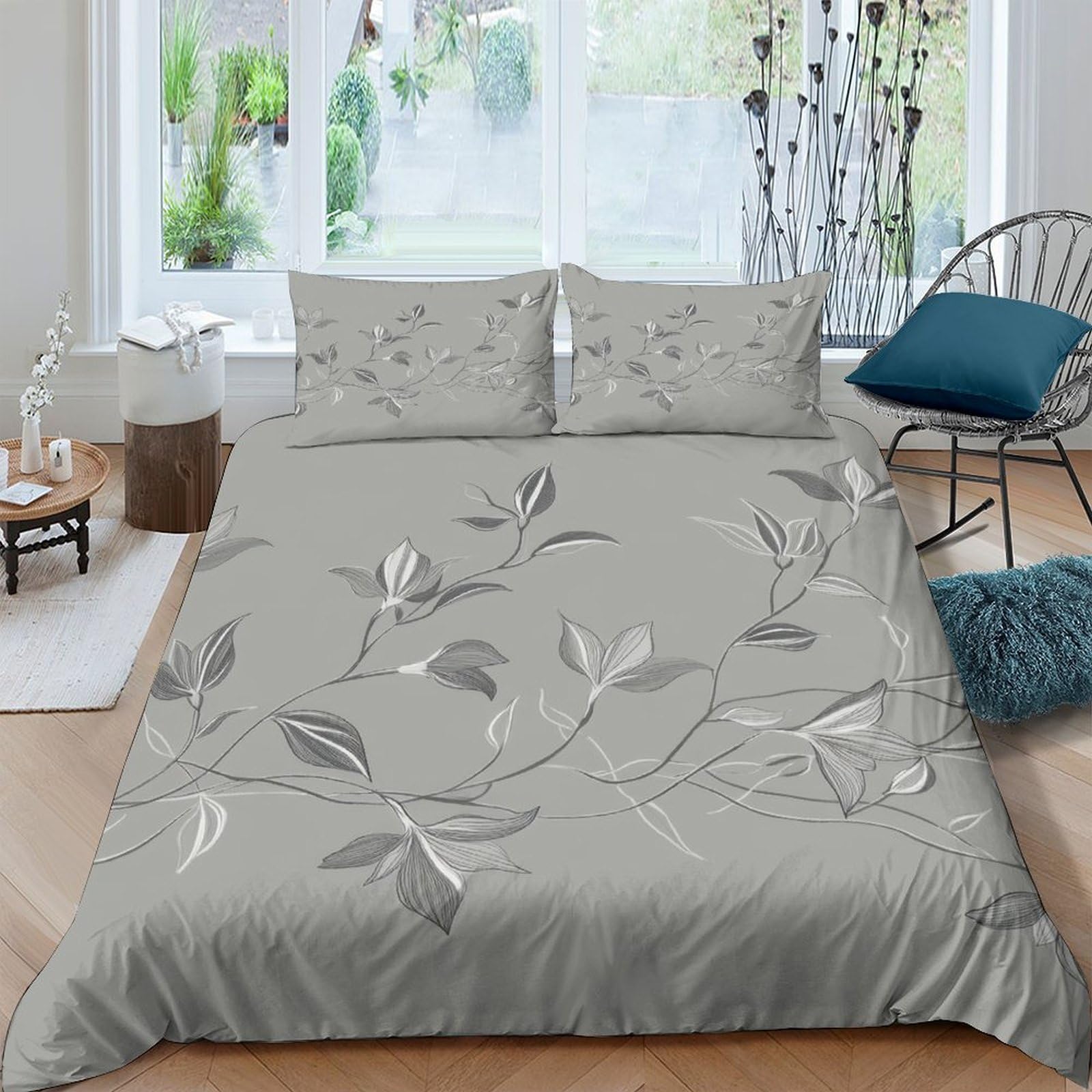 GPLZQXKJNH 3D Printed Grey Leaf Duvet Cover Microfiber Soft Breathable Botanical Bedding Set with 2 Pillowcases for Bedroom Decor Single（135x200cm）
