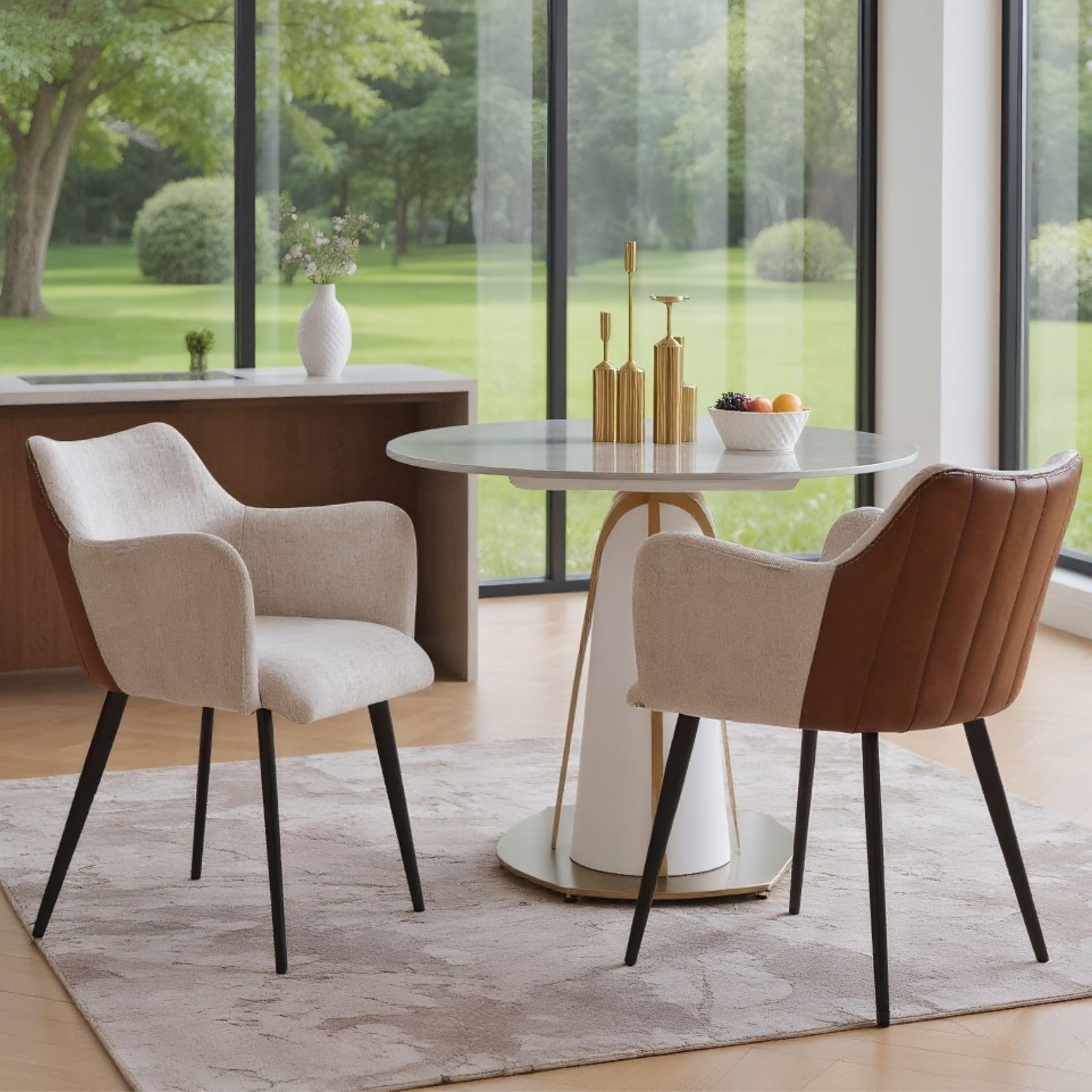 Chairus Lot de 2 Chaises Rembourrées Cuir PU + Lin Salle à Manger Beige Pieds Métal