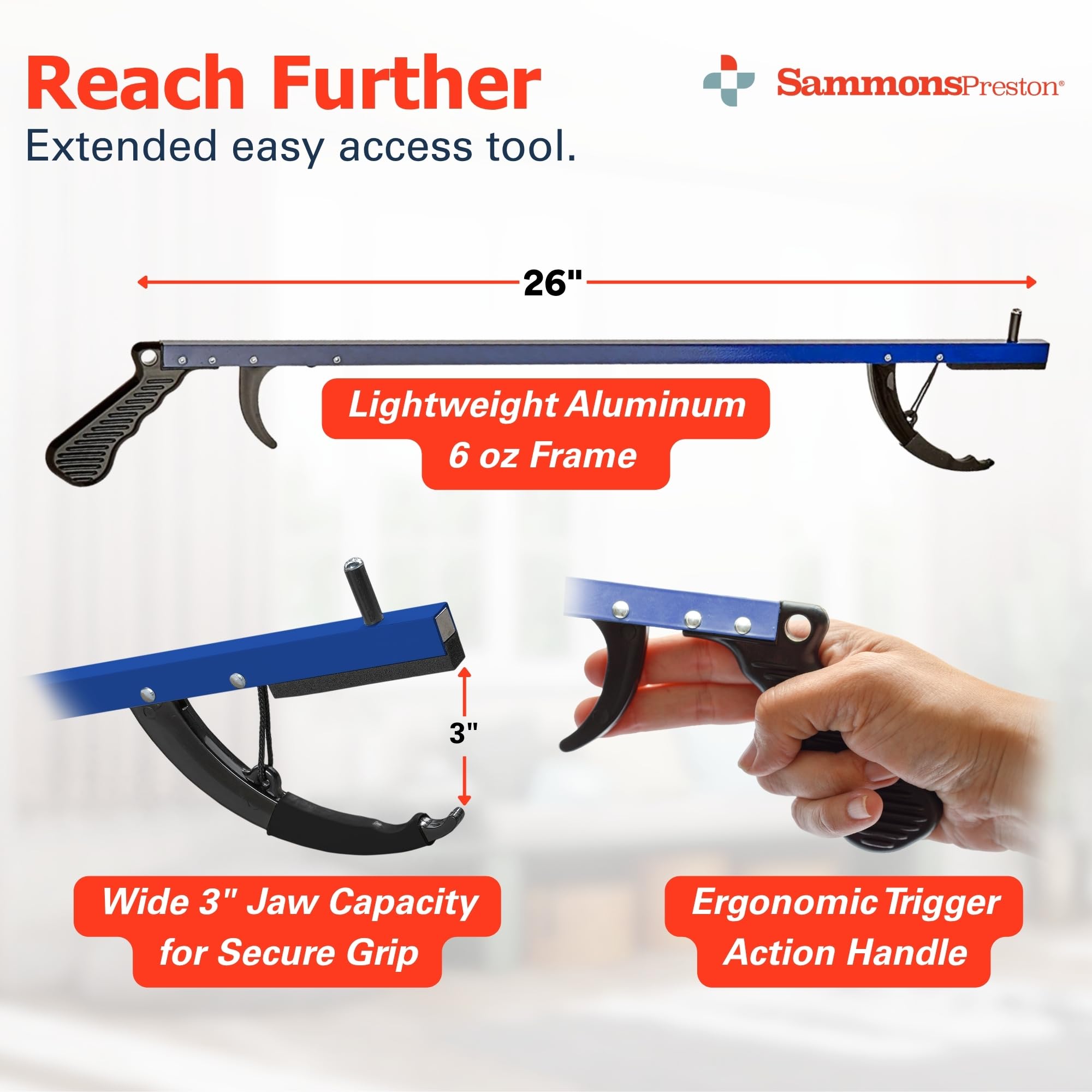 Sammons Preston Reacher, niebieski, 66 cm, narzędzie do chwytania, lekki chwytak do zbierania śmieci i ogrodowy, poręczny aluminiowy pazur do podnoszenia i sięgania, przenośne narzędzie wspomagające