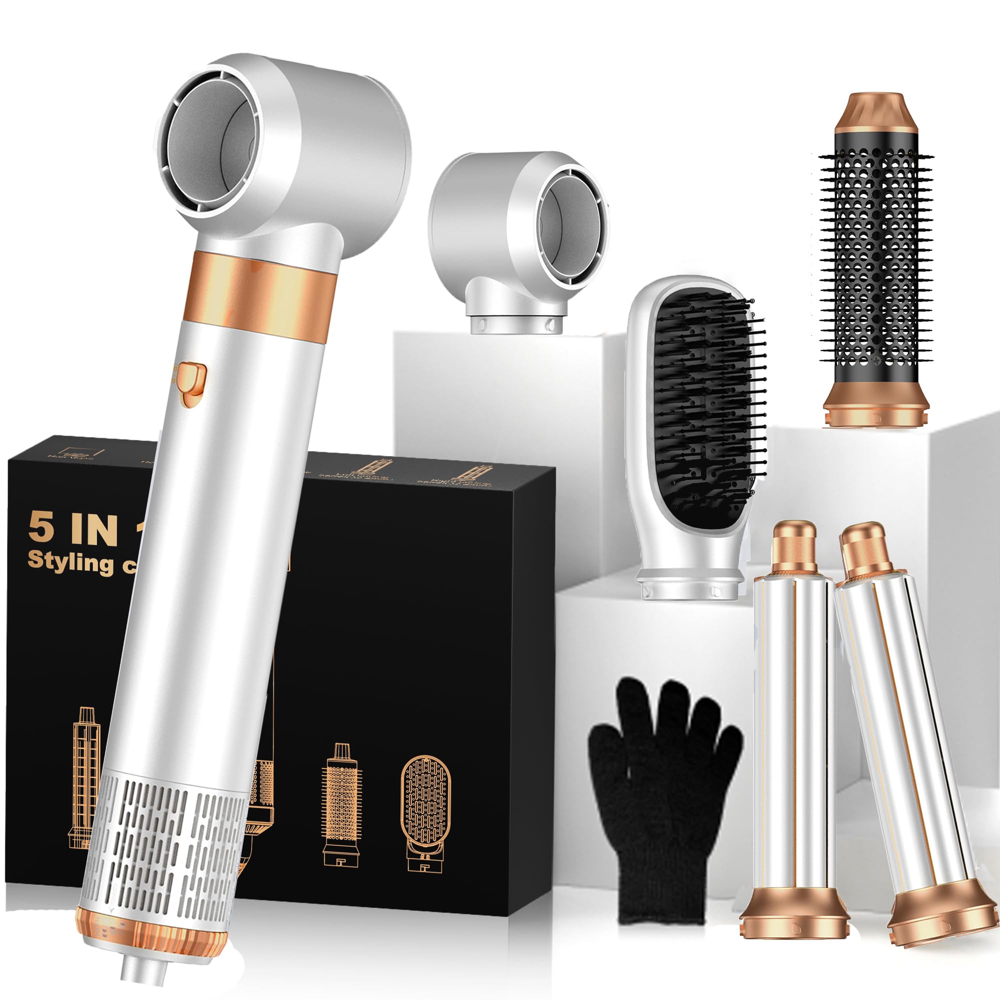 OKWRAP 5-in-1 Hot Air Styler &amp; Blow Dryer Brush Set - 700W Gentle Temperature Hair Multi-Styler with Auto-Wrap Curlers &amp; Round Brush for Fine, Thin, or Damaged Hair, 100-120V US Outlet Only
