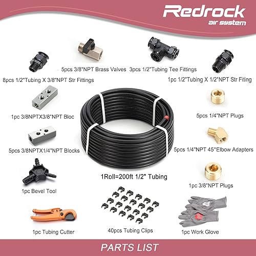 Miniatura 9 de Shop Kit de línea de aire de 34 pulgadas x 200 pies, 5 vías de salida de HDPE, tuberías de compresor de aire de aluminio para garaje, a prueba de