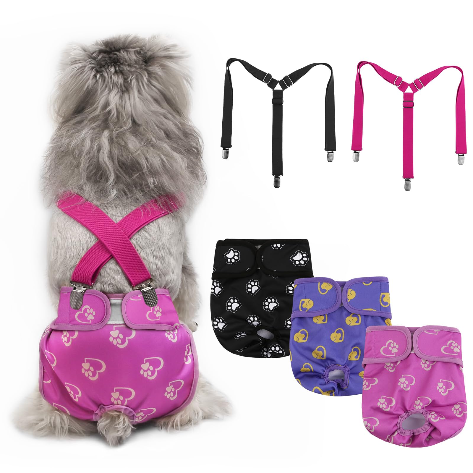 Lyneun 3 Pack Dog Nappies Female with Suspender, Reusable Dog Incontinence Pants