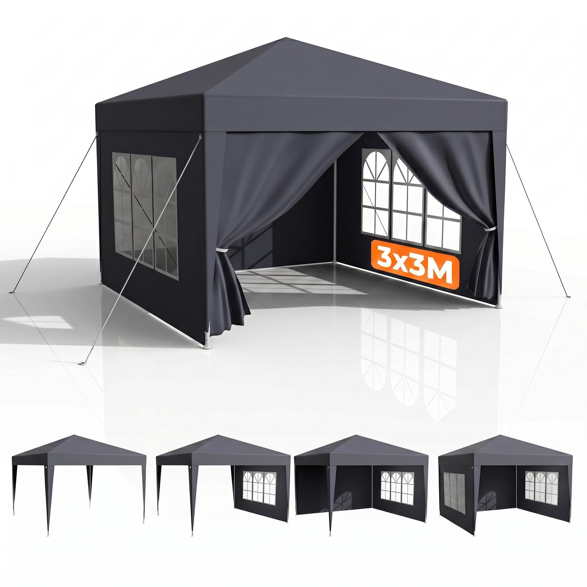 Pavillon 3x3m Wasserdicht Stabil Winterfest, Faltpavillon mit Abnehmbaren Seitenteilen, UV Schutz & Windschutz, Gartenpavillon Partyzelt für Markt, Festival, Camping, Anthrazit