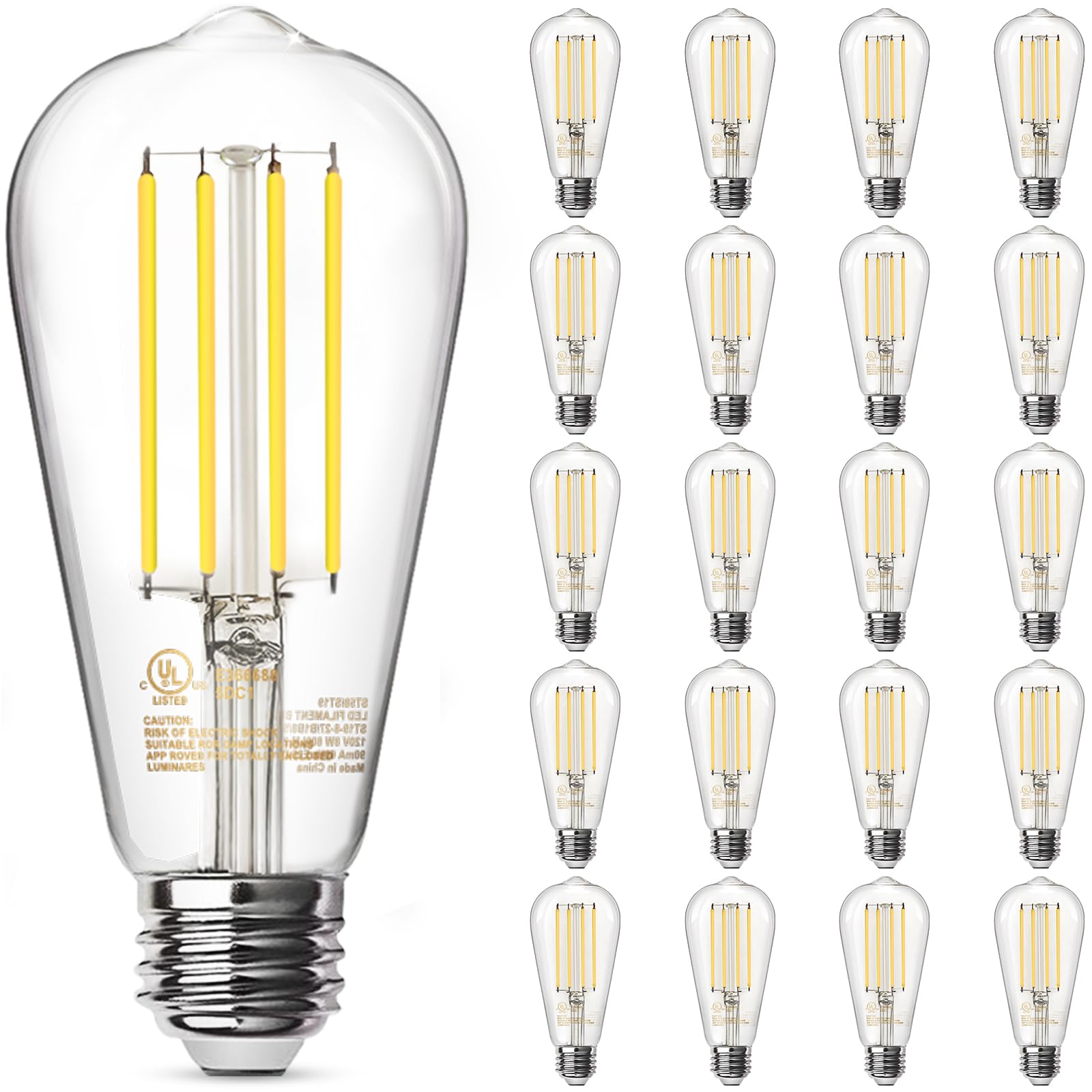 TJOY 20 Pack E26 Base Vintage LED Edison Light Bulbs, 60W Equivalent Dimmable, 4000K Natural White, 8W ST58 LED Filament Bulbs, 800Lumens, CRI80+, Antique Glass Style for Home, Bedroom, Farmhouse