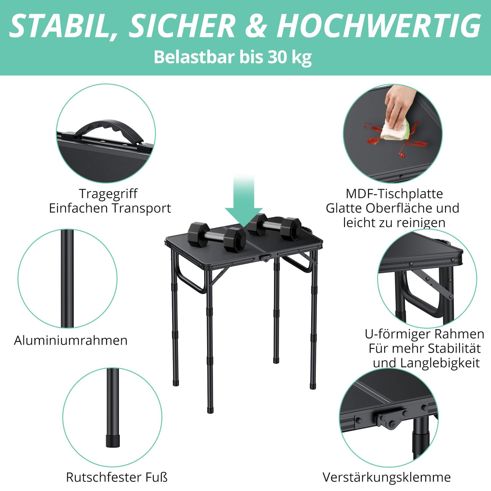 VINTEAM Campingtisch, 3-Fach höhenverstellbar, Leichter klappbarer Picknicktisch mit MDF-Platte, tragbarer Tisch für Grillabende, Picknicks, tragbarer Outdoor-Tisch, Kleiner Klapptisch - 58x40 cm