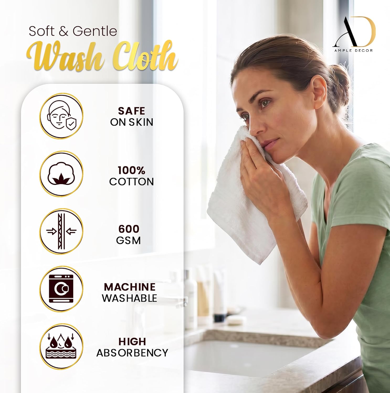 Ample Decor 100% Cotton Washcloths 12x12 Inches, 600 GSM, Soft & Absorbent, Durable, Set of 10, White