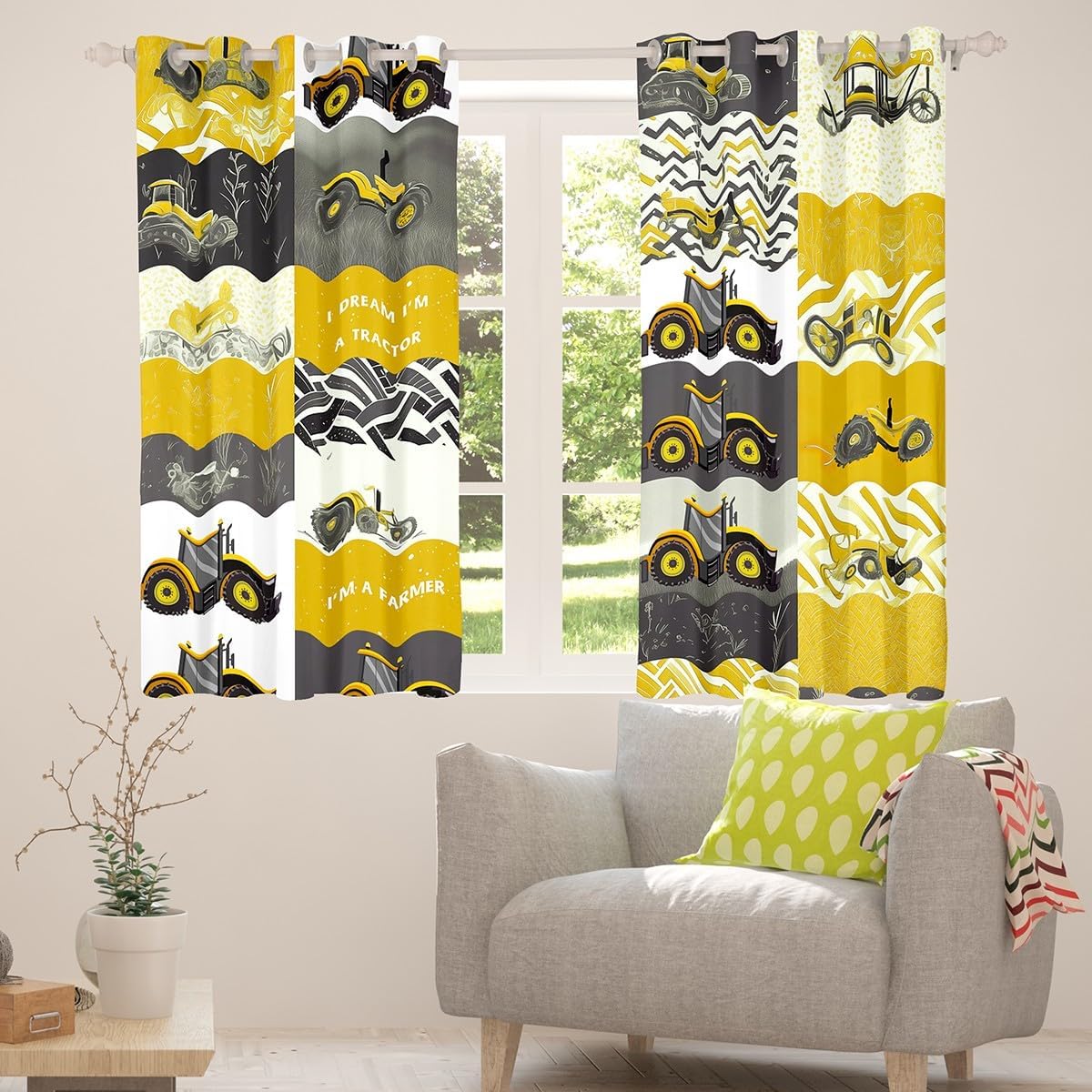 Erosebridal Yellow Cartoon Car Blackout Curtains 38" W x 45" L Farm Truck Tractor Curtains for Women Men Harvester Construction Vehicle Window Curtain & Drapes Farmhouse Equipment Window Treatments