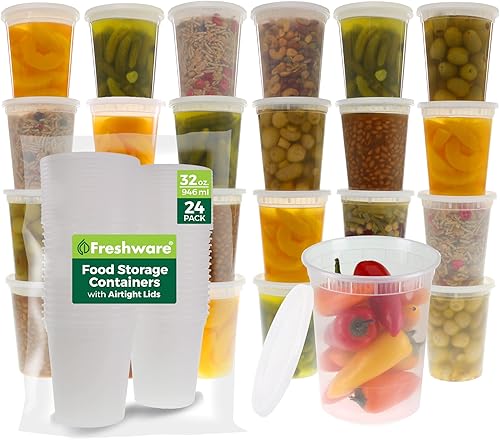 Miniatura 1 de Recipientes de almacenamiento de alimentos Freshware 24 piezas recipientes de plástico de 32 oz con tapas limo sopa alimentos preparados  Sin BPA