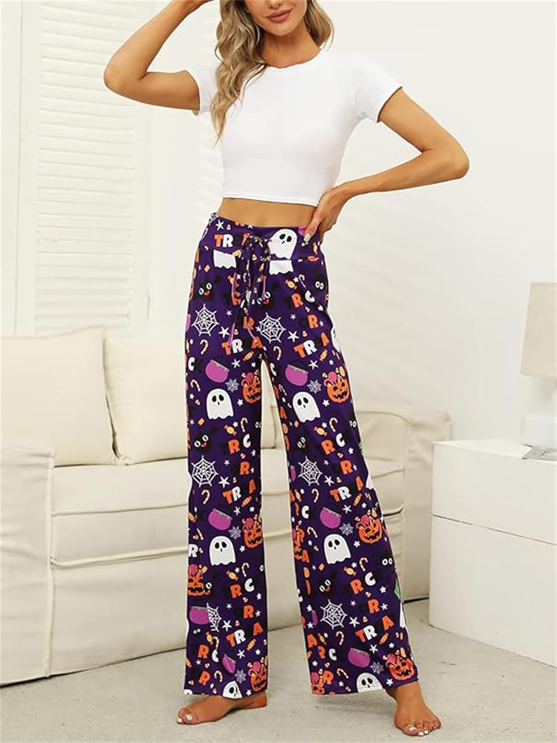 Women Halloween Pajama Bottoms Cute Loose Elastic Waist Drawstring Pants Funny Pumpkin Skull Ghost Print Sleepwear - Image 5