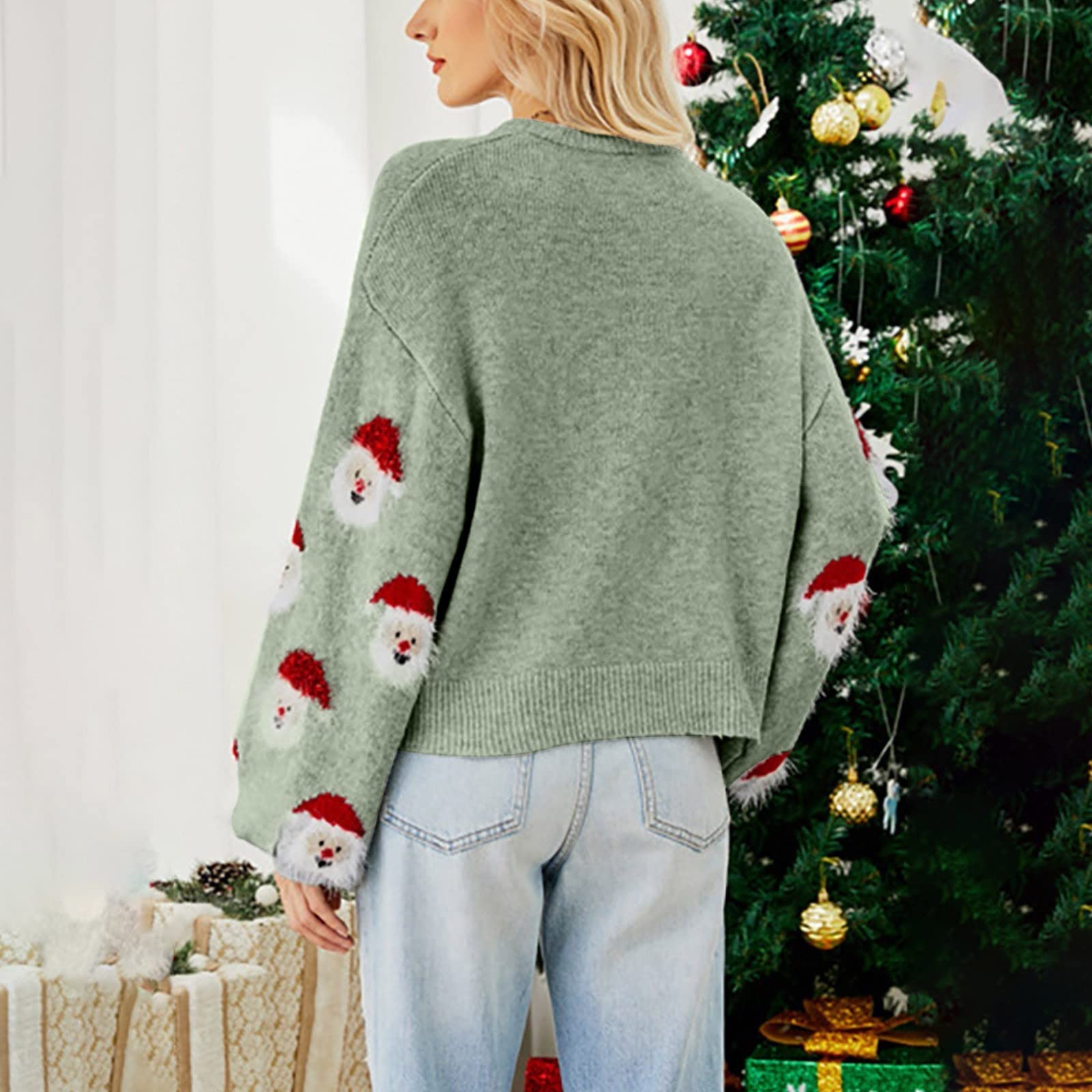 Maglione natalizio da donna a girocollo carino inverno autunno maglioni a tunica maglioni lavorati a maglia con stampa di Babbo Natale Kawaii Natale tinta unita elegante top graziosi maglioni per le