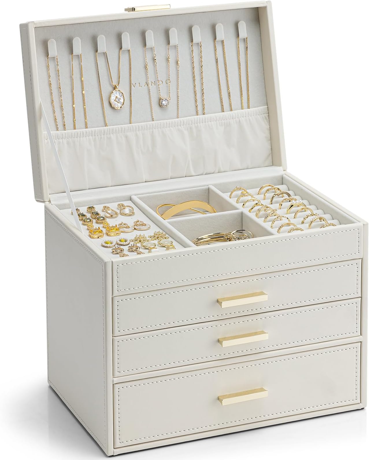 Vlando 4 Layer Large Jewelry Box - Jewelry Holder Organizer, Jewelry Box Organizer for Drawer Necklace Ring Bracelet and Watch, Birthday Gift for Loved Ones - Beige