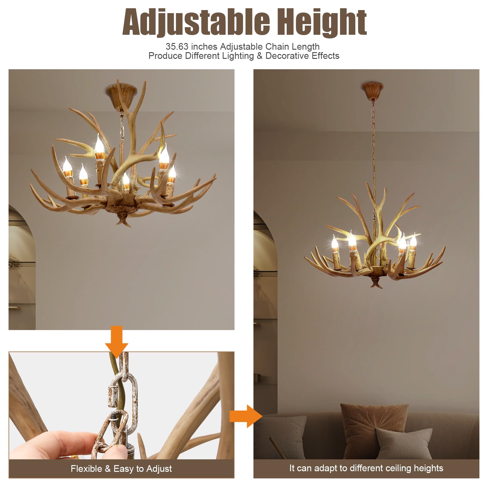 panfudongk Kroonluchter kroonluchter hertengewei lamp hanglamp hanglamp | retrostijl | verstelbare hoogte 75-100 cm | 6 E14 gloeilampen