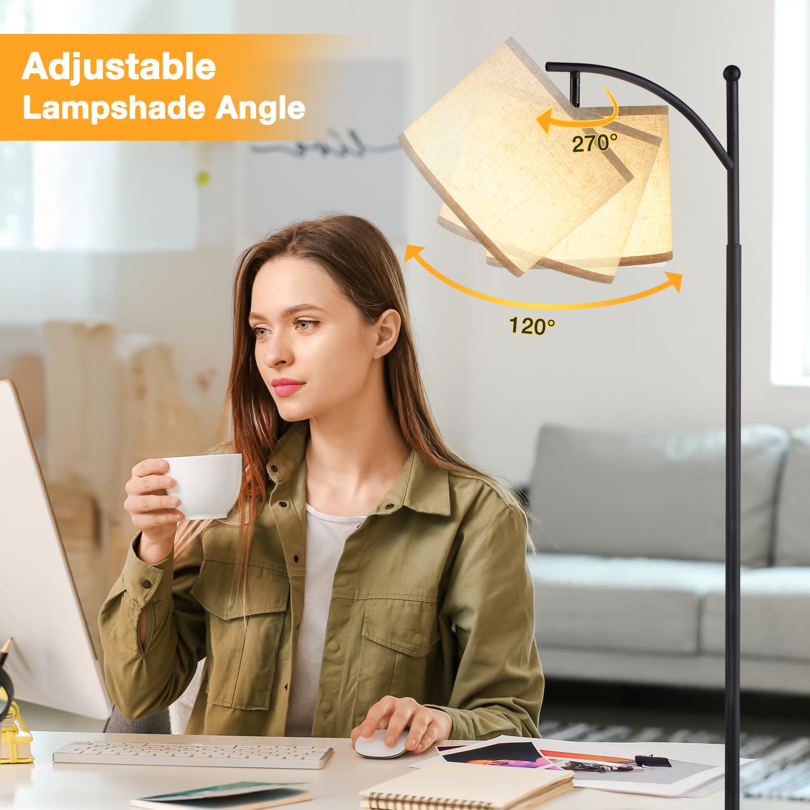 Stehlampe Wohnzimmer, Moderne Stehleuchte mit 3 Farbtemperaturen, LED Standleuchte Hoch mit Verstellbarem Leinenschirm, Stehlampe Vintage für Wohnzimmer Schlafzimmer Büro (Birne Enthalten)