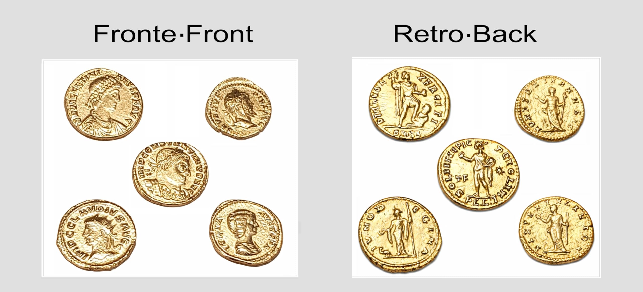 Monedas romanas imperiales antiguas chapadas en oro – Colección Set réplica emperadores romanos 5 piezas – Artesanía italiana, hecha a mano – Made in Italy