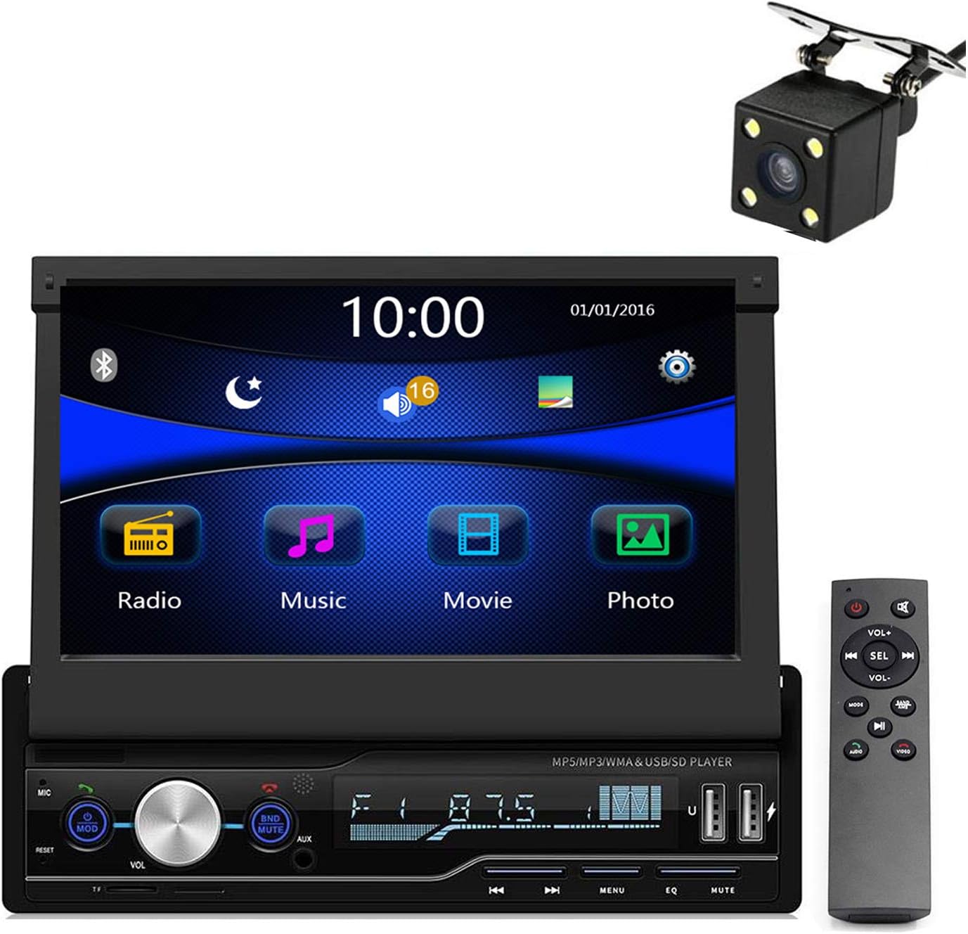 Single Din Car Stereo 7 inch Bluetooth Car Audio Video Player RDS FM AM Car Radio Player USB/AUX/TF HD Telescopic Retractable Capacitive Touch Screen+ Rearview Camera
