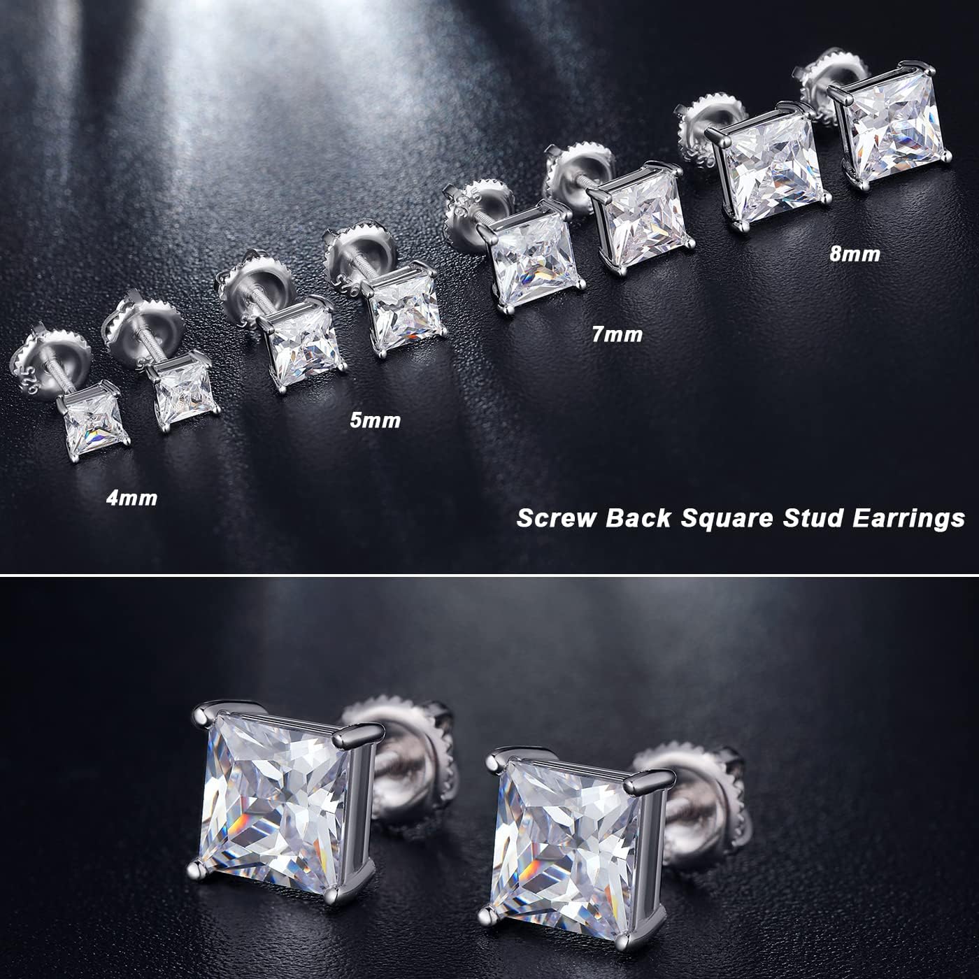 18K White Gold Plated Simulated Diamond Earrings for Men Women Cubic Zirconia Stud Earrings 925 Sterling Silver Screw Back CZ Stud Earrings 4MM-8MM for Unisex - Image 4