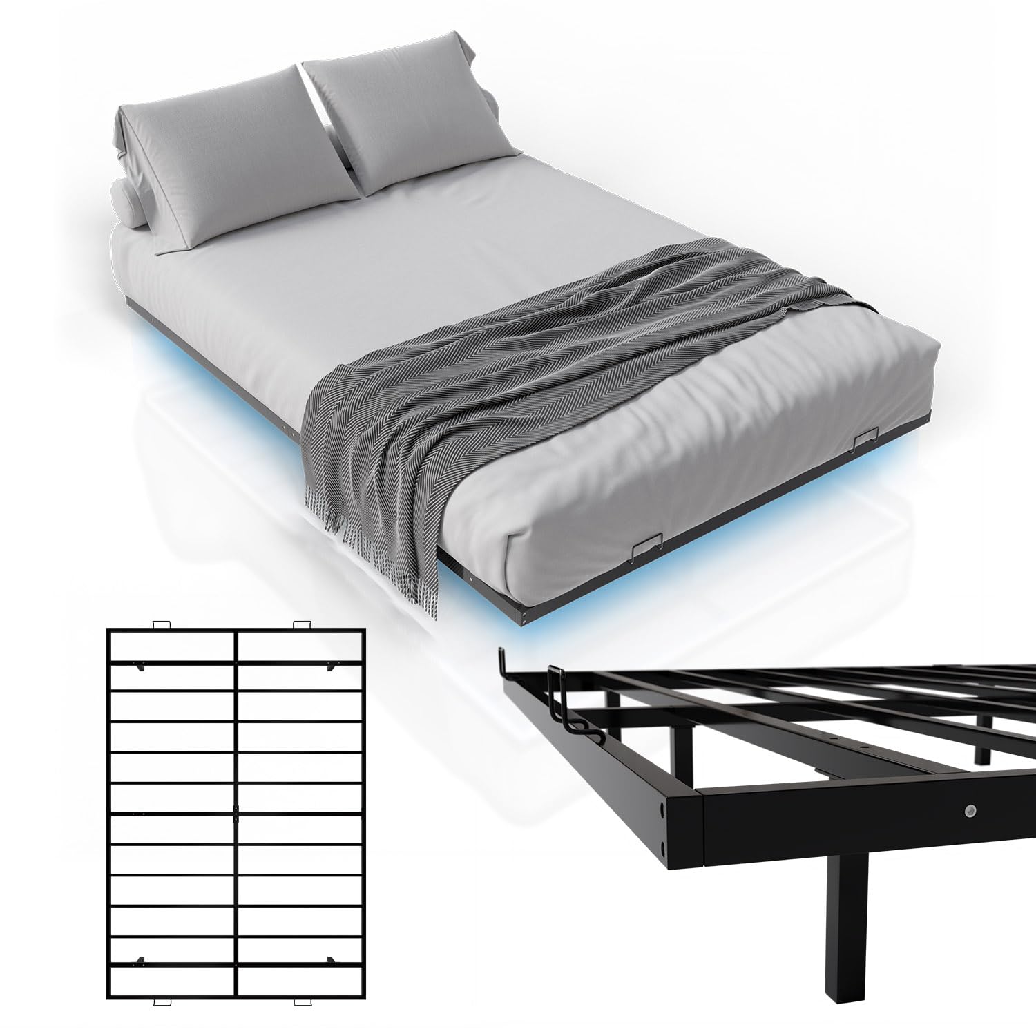 Juskys Metallbett Palamos 140x200 cm mit Lattenrost & LED Beleuchtung - Schwebebett minimalistisch & modern - Jugendbett, Bettgestell, Bett - Schwarz