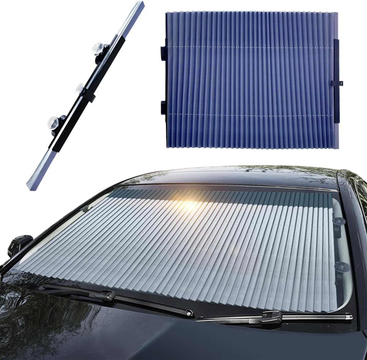 Yourkar Car Retractable Windshield Sun Shade, 27.6"×60" Large Sunshade Protector Blocks 99% UV Rays, Auto Retractable Front Windshield Sunshade for Trucks, SUVs, Car Accessories