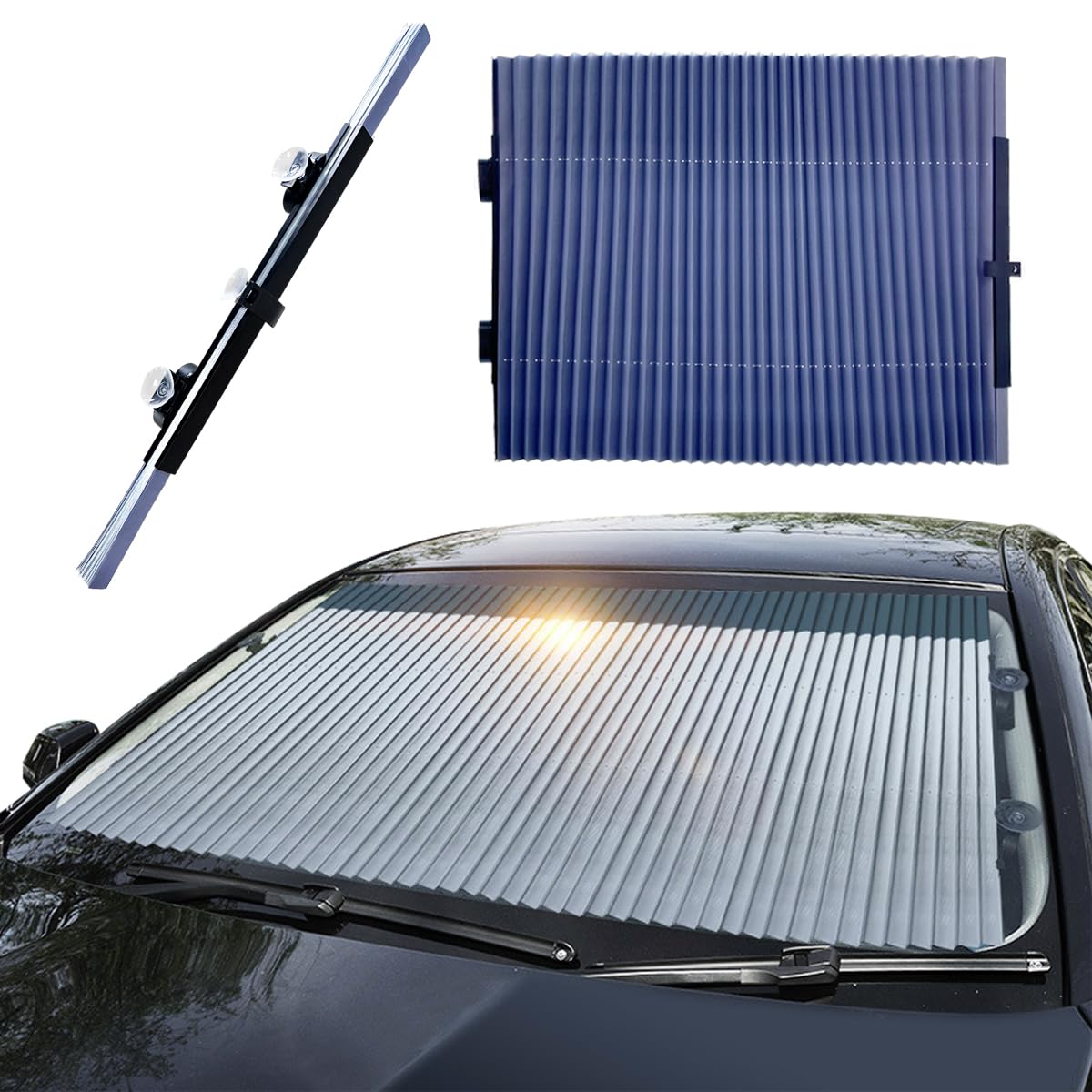 Car Retractable Windshield Sun Shade, 27.6"×60" Large Sunshade Protector Blocks 99% UV Rays, Auto Retractable Front Windshield Sunshade for Trucks, SUVs, Car Accessories