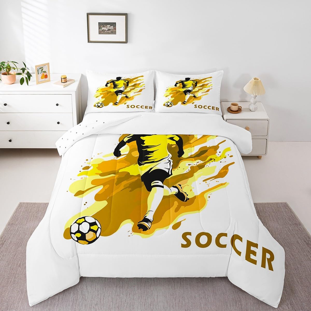 jejeloiu Kids Yellow Football Bedding Set Full Size, Rugby Sports Comforter Set Boys Girls Soccer Ball Game Duvet Insert Teens Bedroom Decor Bed Set 3Pcs