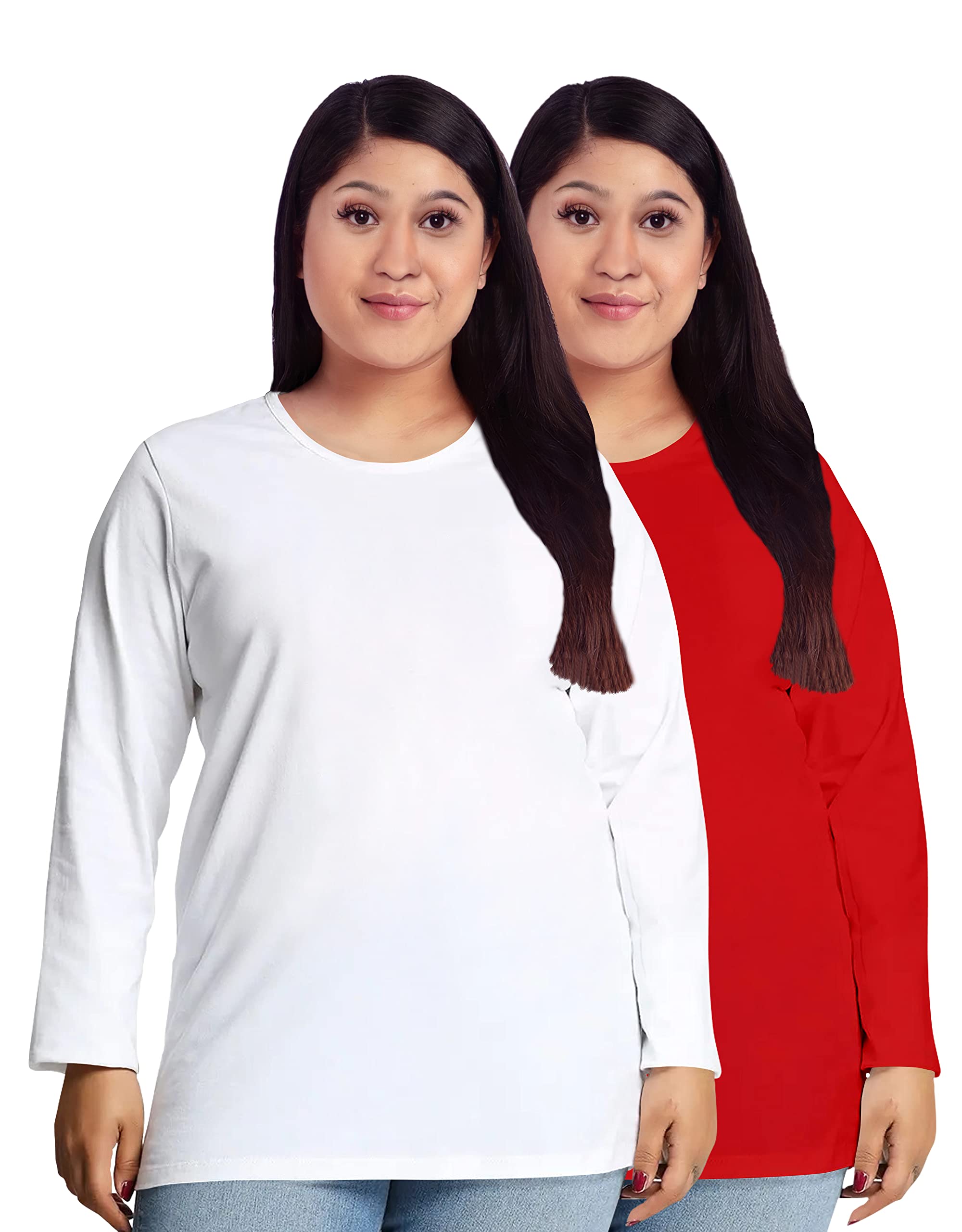 Women's Plus Size T-Shirt Pack of 2 with White and Red Round Neck Full Sleeve Plain Combo Pootlu Tshirts-picture-56