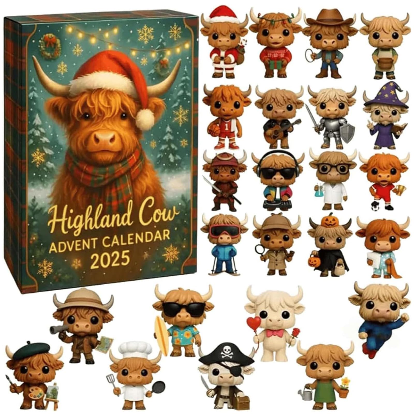 Calendario de Adviento de vaca de las Tierras Altas 2025, calendario de cuenta regresiva de Navidad de 24 días, calendario de Adviento 2025 con 24 adornos navideños de vacas de las tierras altas