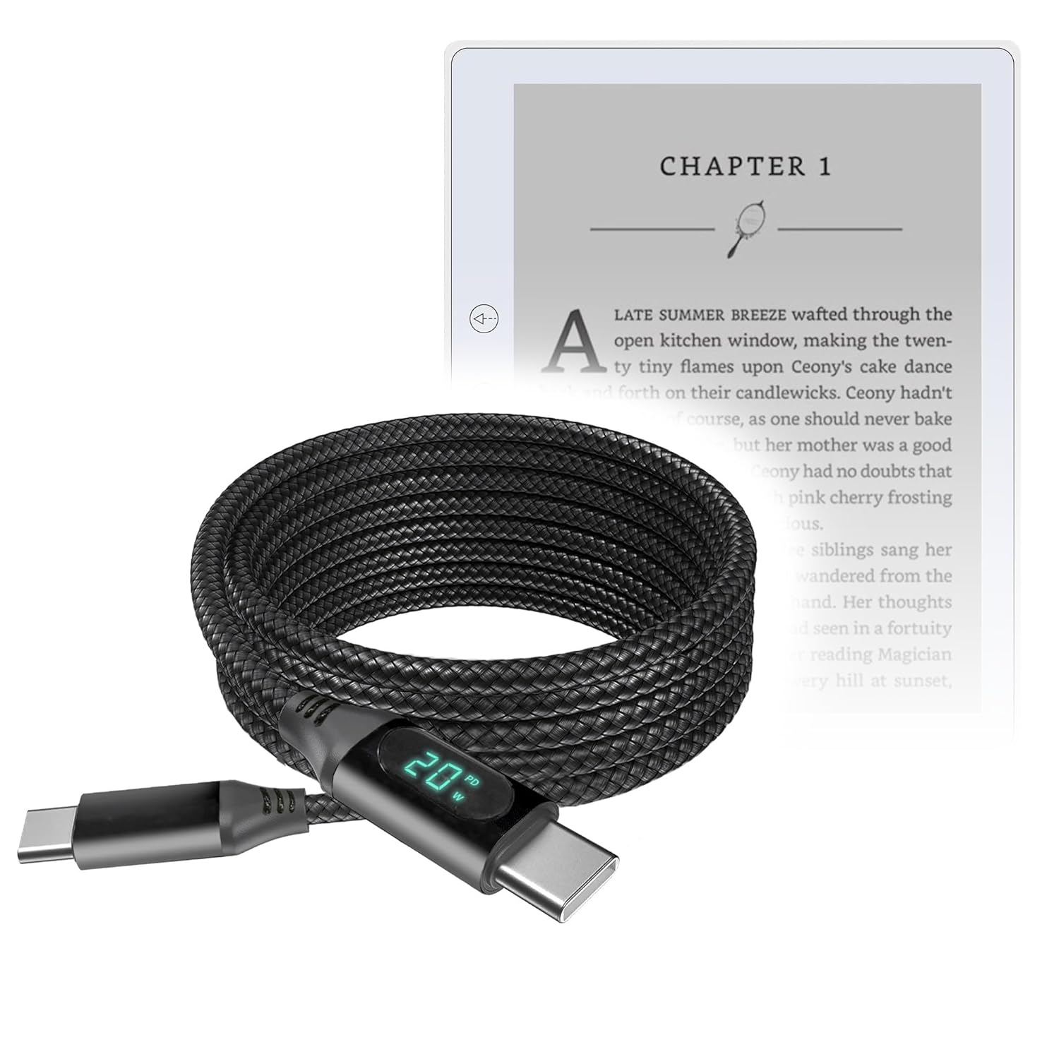 BoxWave Cable Compatible with Veidoo eReader E7 (5.8 in) - PowerDisplay PD Cable (6ft) - USB-C to USB-C (100W), LED Wattage Info Extra Long Braided Nylon - Jet Black