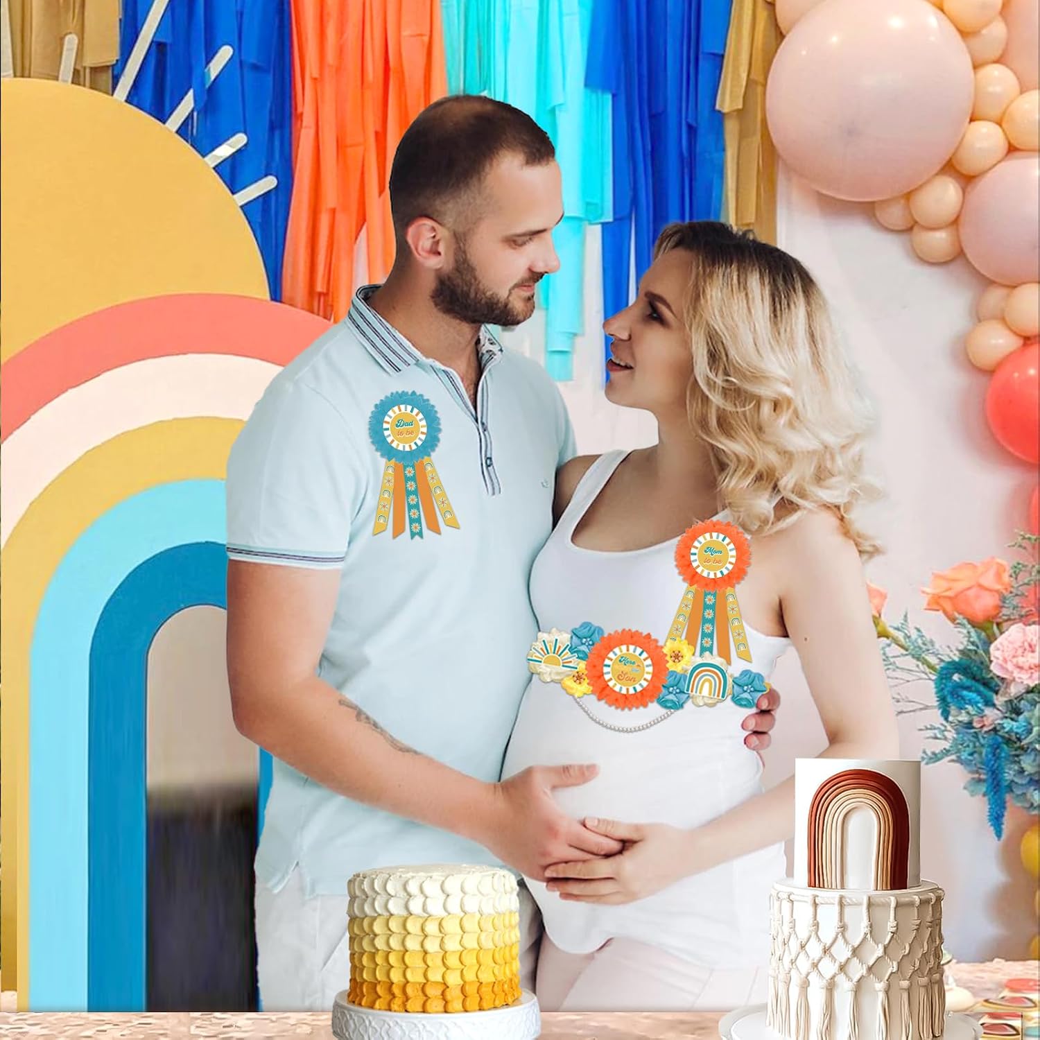 Here Comes The Son Baby Shower Decorations for Boy, Here Comes The Son Maternity Sash with Mom to Be Dad to Be Corsage Pins, Boho Retro Pregnancy Flower Belly Belt New Parents Keepsake Party