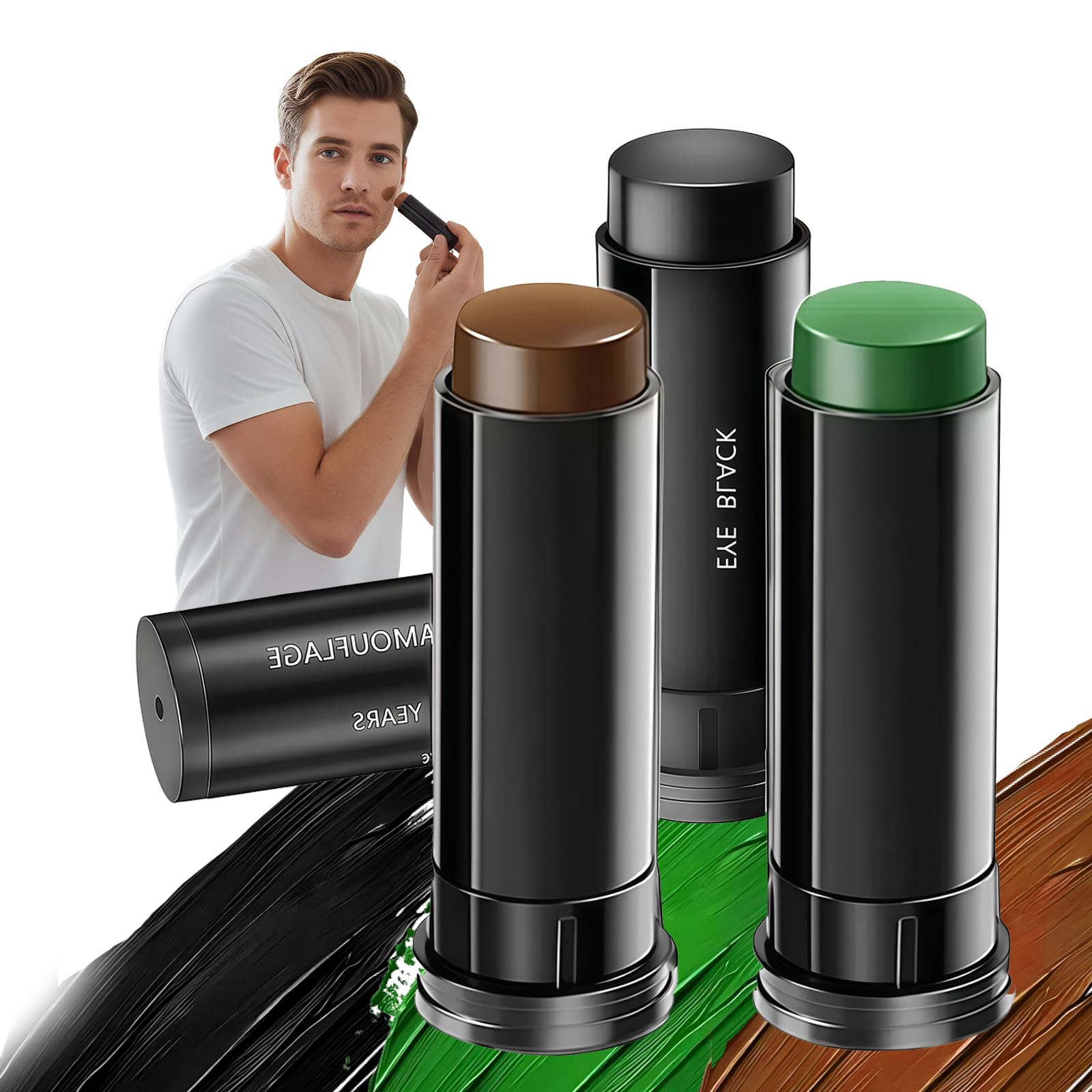 3 Pezzi Pintura facial militar,Maquillaje camuflaje facial,Crema Mascheramento Militare Non Tossica per Viso e Corpo,Penna Trucco,Colori per Bodypainting,Halloween,Feste,Cosplay (Nero,Marrone,Verde)