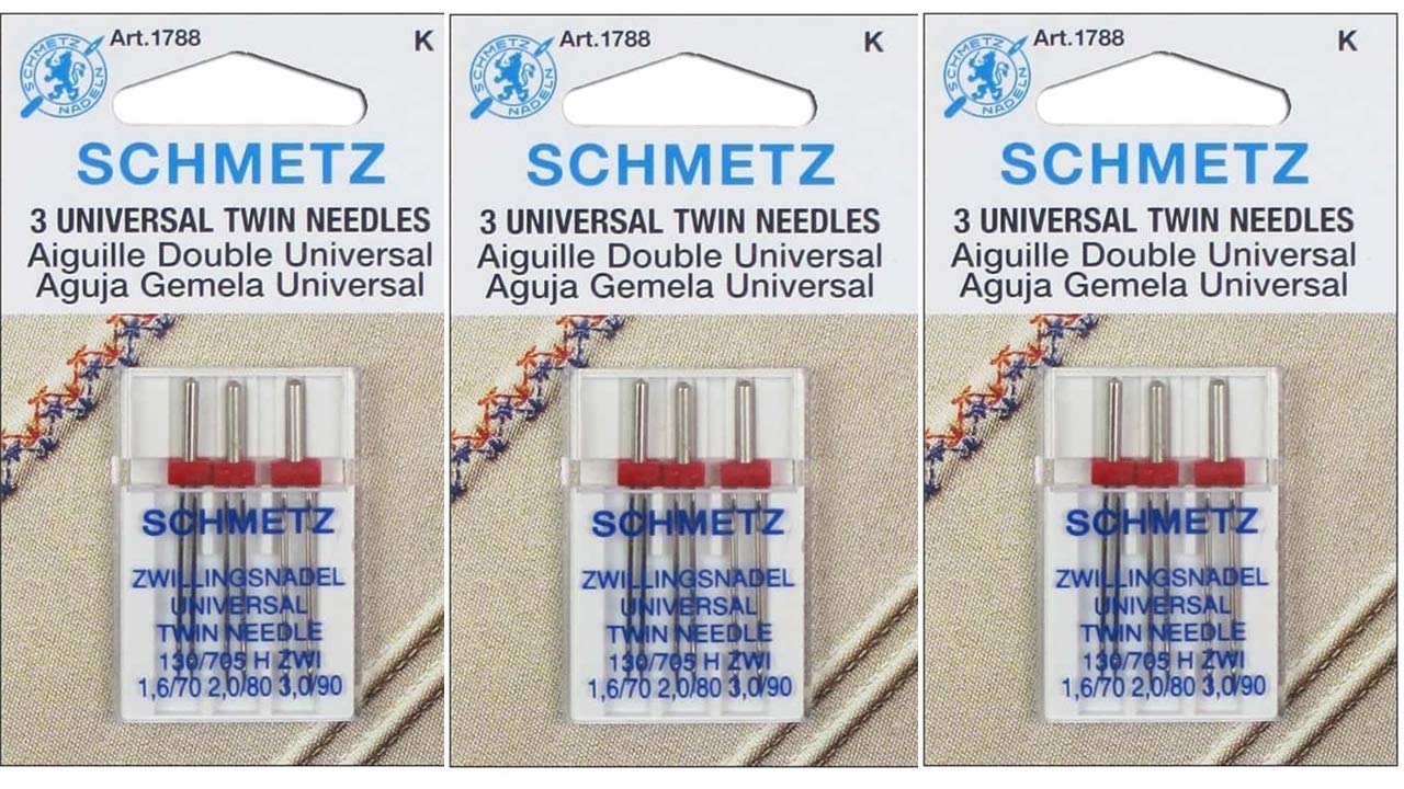 Schmetz 3 Packets For The Price Of 2 Sewing Machine Needles - Twin, Assorted Sizes 1.6/70, 2.0/80 & 3.0/90, 3 Packs For The Price Of 2! Includes Large Needle Threader