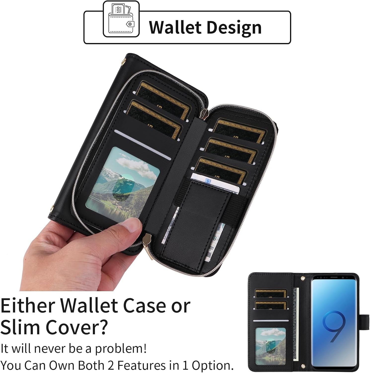 Wallet Case for Samsung Galaxy S9 Plus with Detachable Wrist Strap, Shoulder Strap, 9+ Card Slots Zipper Purse, Luxury PU Leather Stand Cell Phone Cover for S9+ 9S 9+ S 9 9plus S9plus Black