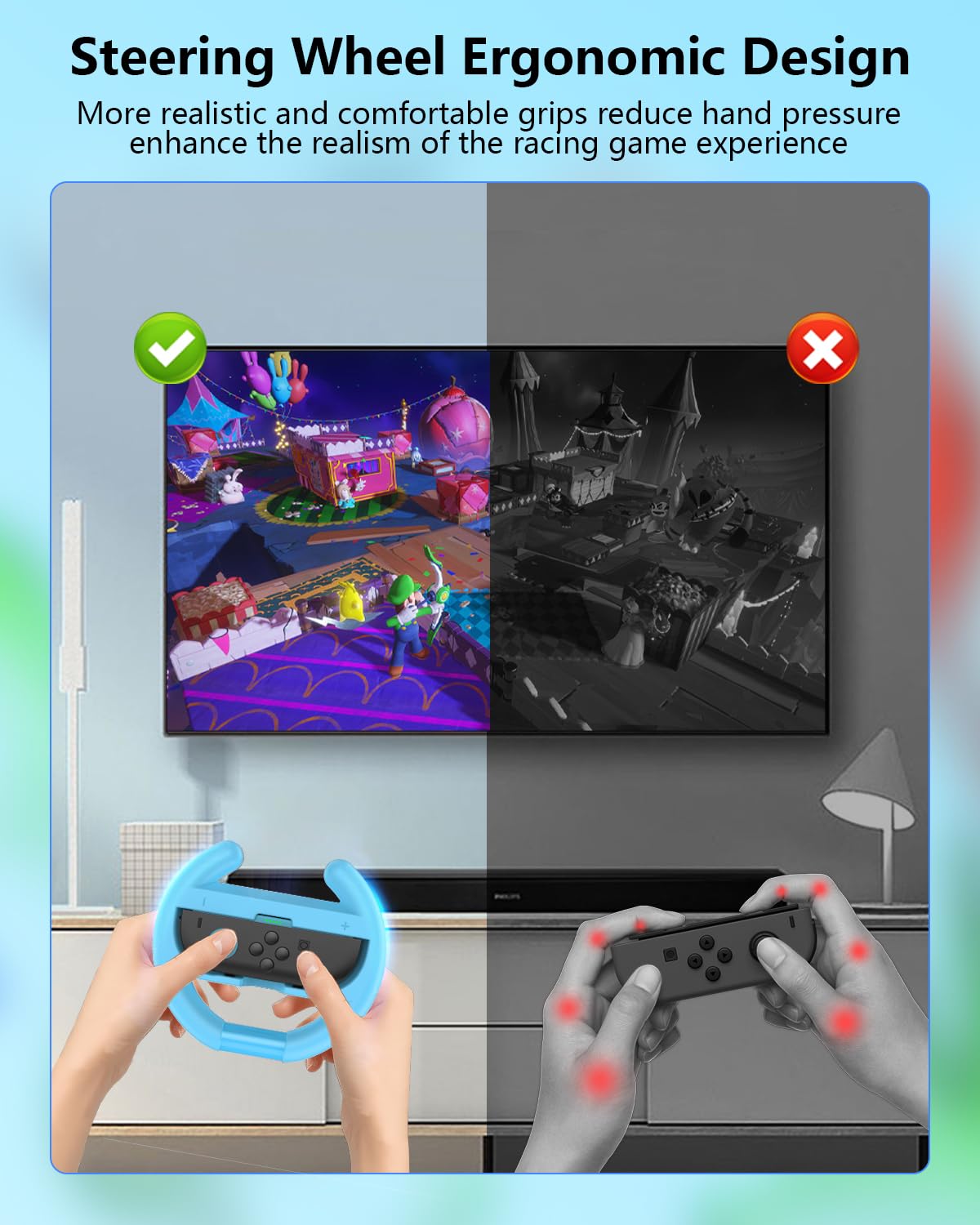 Switch Steering Wheels for Nintendo Switch 2 JoyCons Controllers (2025), Switch 2 Racing Wheels for Mario Kart World/8 Deluxe, Switch Wheel Grip for Joy-Con 2 Controllers Attachment Accessories-Blue and Orange (2 Pack) - Image 3