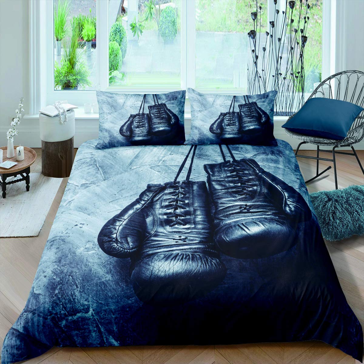 Black Boxing Gloves Comforter Sets for Adult 3D Boxing Theme Bedding Cover Full Soft Warmly Microfiber 3 Pieces Duvet Sets(1 Duvet Cover 2 Pillow Cases)