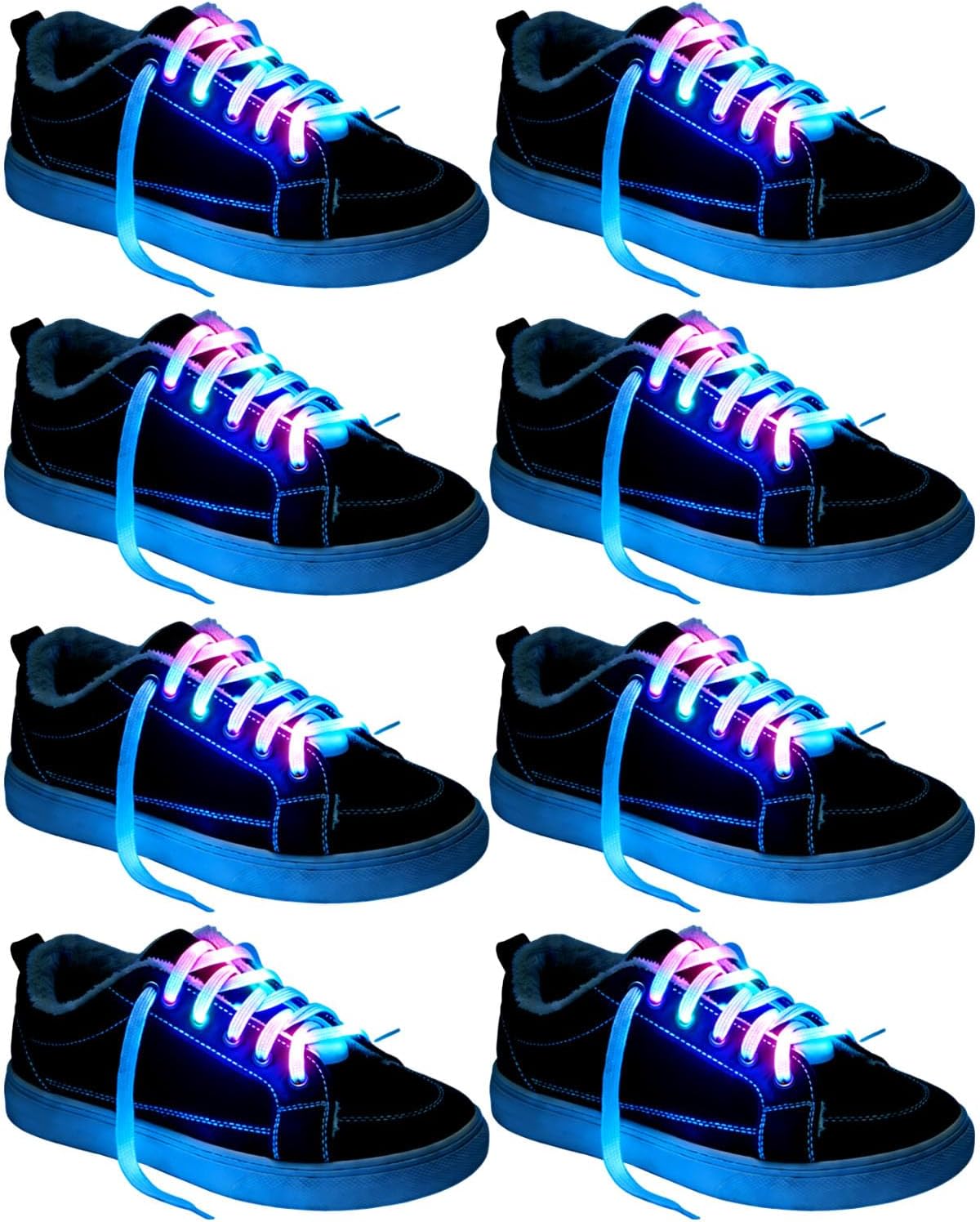 8 Pairs Light up Shoe Laces - 4FT High Visibility Soft Nylon Flashing LED Shoelaces with 3 Modes Color Changing Glow in The Dark Laces for Skates Night Running Glow Party Adults Kids
