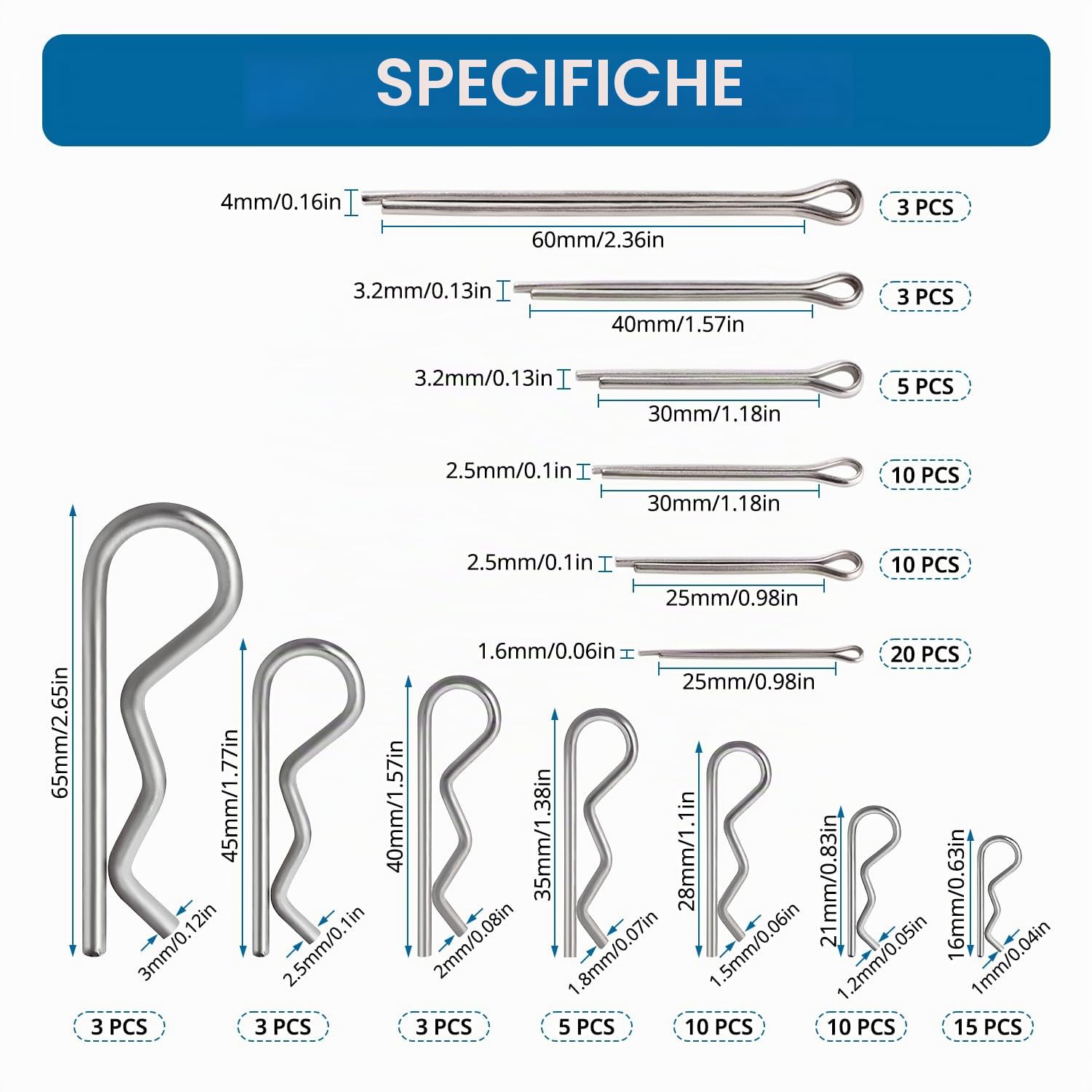 VooGenzek 100 Pezzi 13 Taglie Kit di Coppiglia Acciaio Inossidabile, R Clip Perni di Fissaggio, Coppiglie, per Auto, Meccanica, Garage, Officina