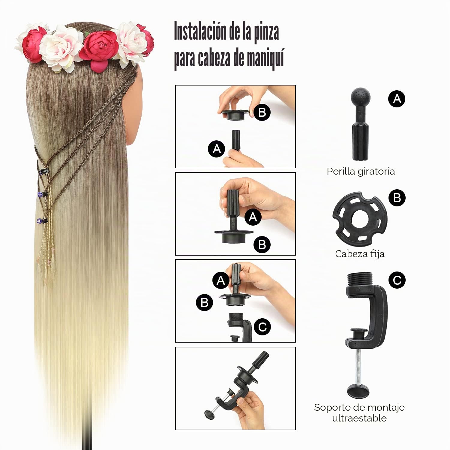 Cabeza Peluqueria, 28inch Cabeza maniquí Cabezal de peluquería de Fibra 100% sintética con Soporte + Accesorios de Peinado DIY (Dorado)