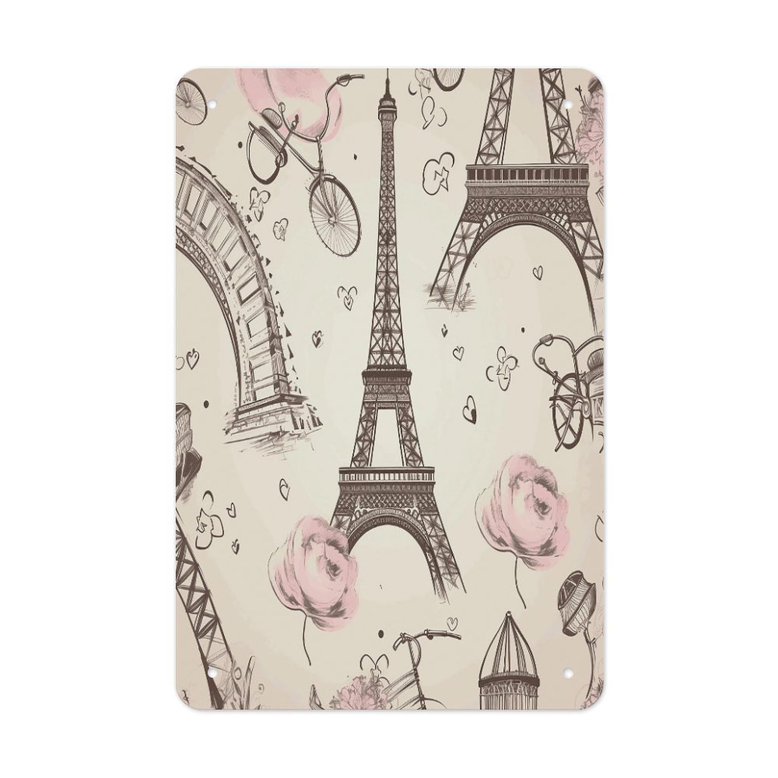 LDGSUPH The Eiffel Tower And A Bicycle Wall Art Prints Folded Edge Iron Sheet Painting with Holes for Wall Prints Decorative Picture Metal Signboard Decor Painting for Outdoor Indoor Wall Decor