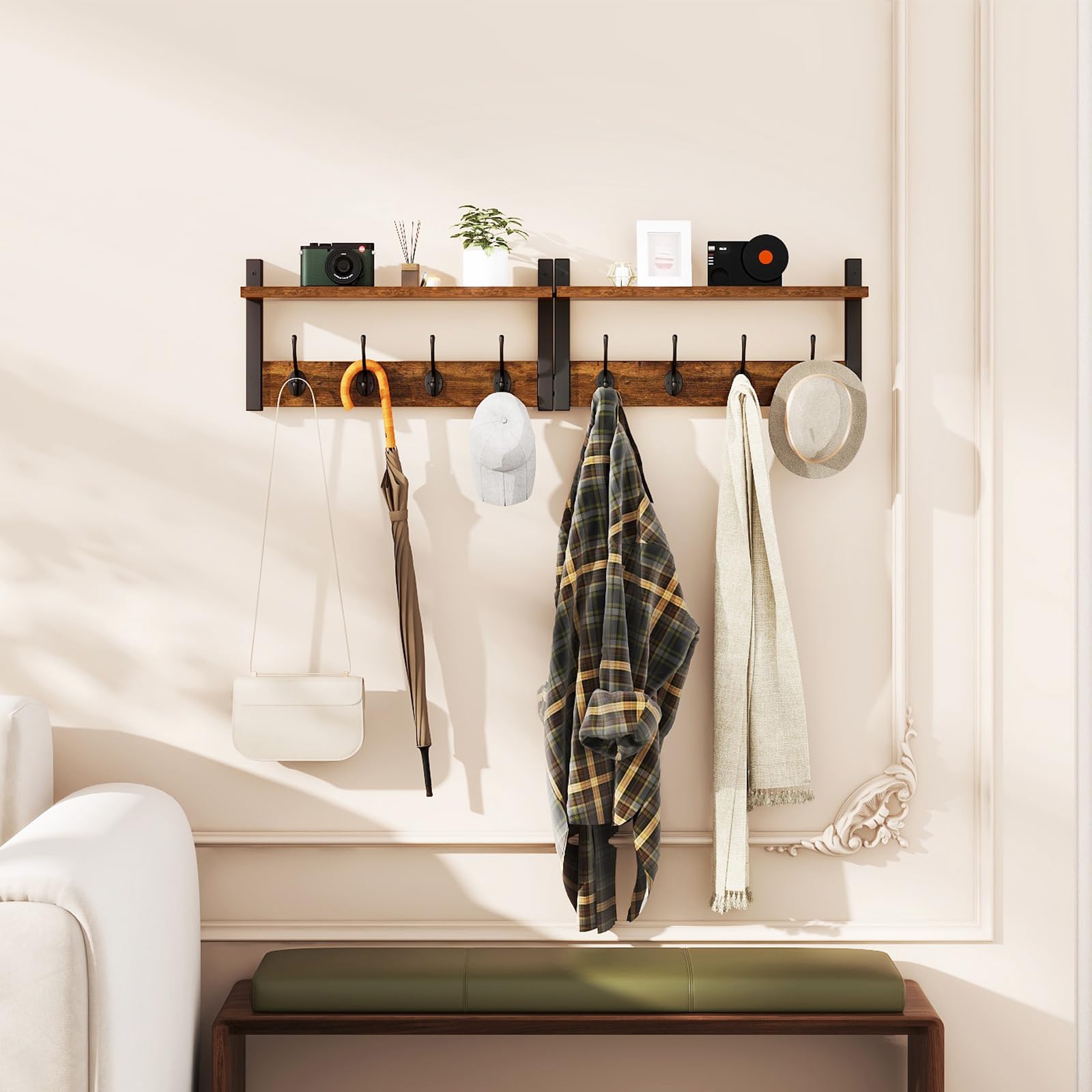 YMYNY Lot de 2 Patères Portemanteaux pour Entrée, Porte Manteau Mural, Meuble Entrée,Vestiaire Flottant, Étagère Suspendue, pour Chambre, Salle de Bain, Marron Rustique et Noir HWS001H-2