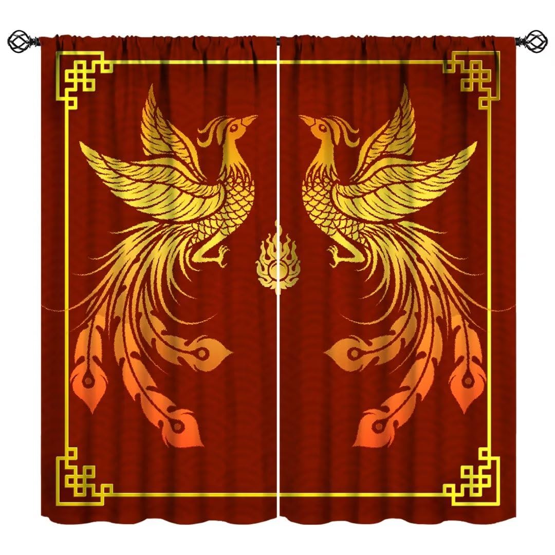 Golden Phoenix Curtains, Asian Tradition Elements Chinese Phoenix Red Background Blackout Thermal Insulation Window Treatments for Living Room Bedroom
