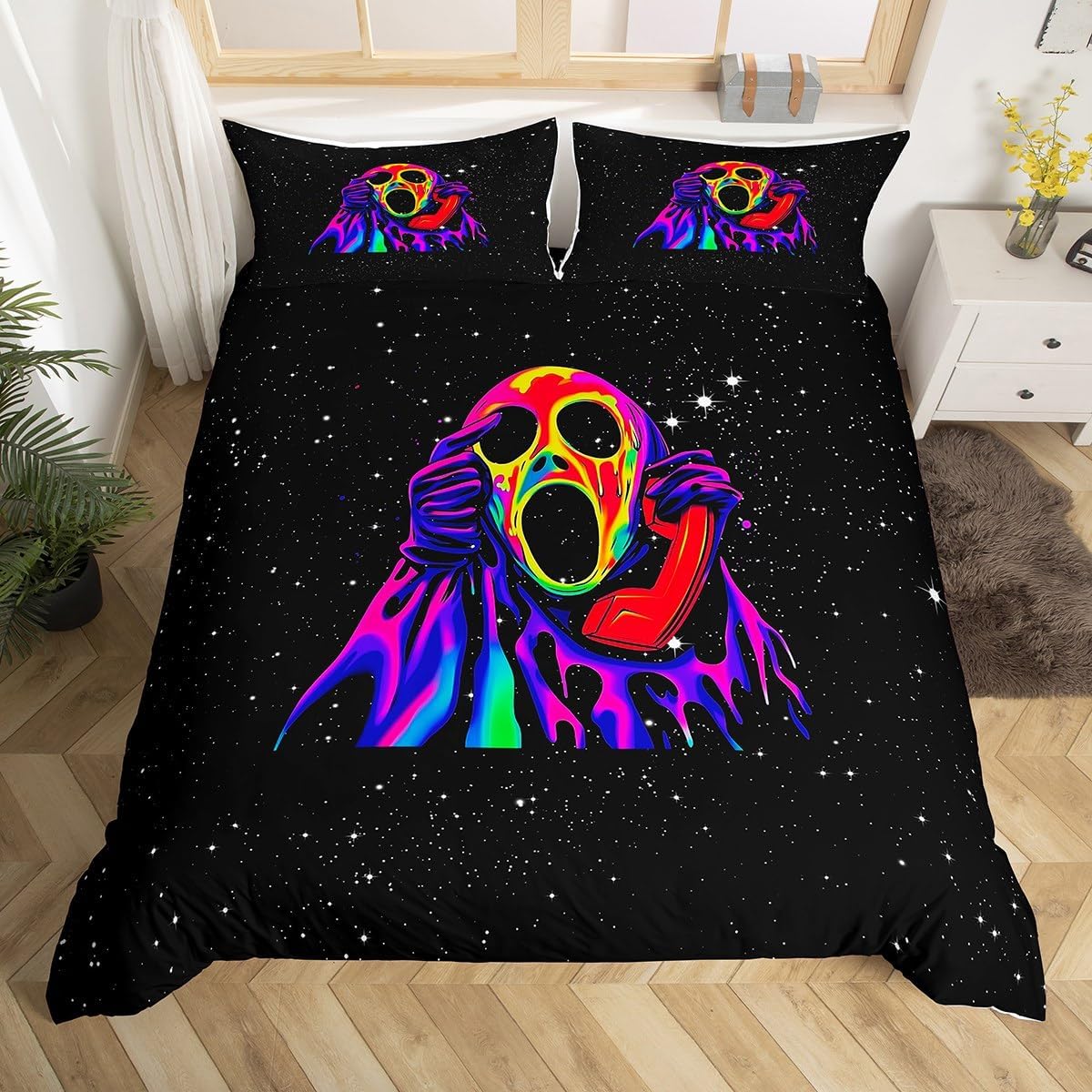 Feelyou Blacklight Horror Skull Pattern Duvet Cover Twin Size Horror Face Bedding Set for Kids Boys Girls Bedroom Decoration Halloween Glowing Art Comforter Cover with 1 Pillowcase