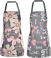 DILLMAN 2 Pack Floral Waterproof Aprons for Women with Pockets - Adjustable Neck Strap, Kitchen Gardening Salon, Large 31.5x28.3"