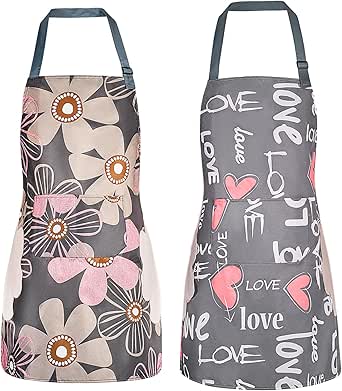 DILLMAN 2 Pack Floral Waterproof Aprons with Pocket for Women and Men
