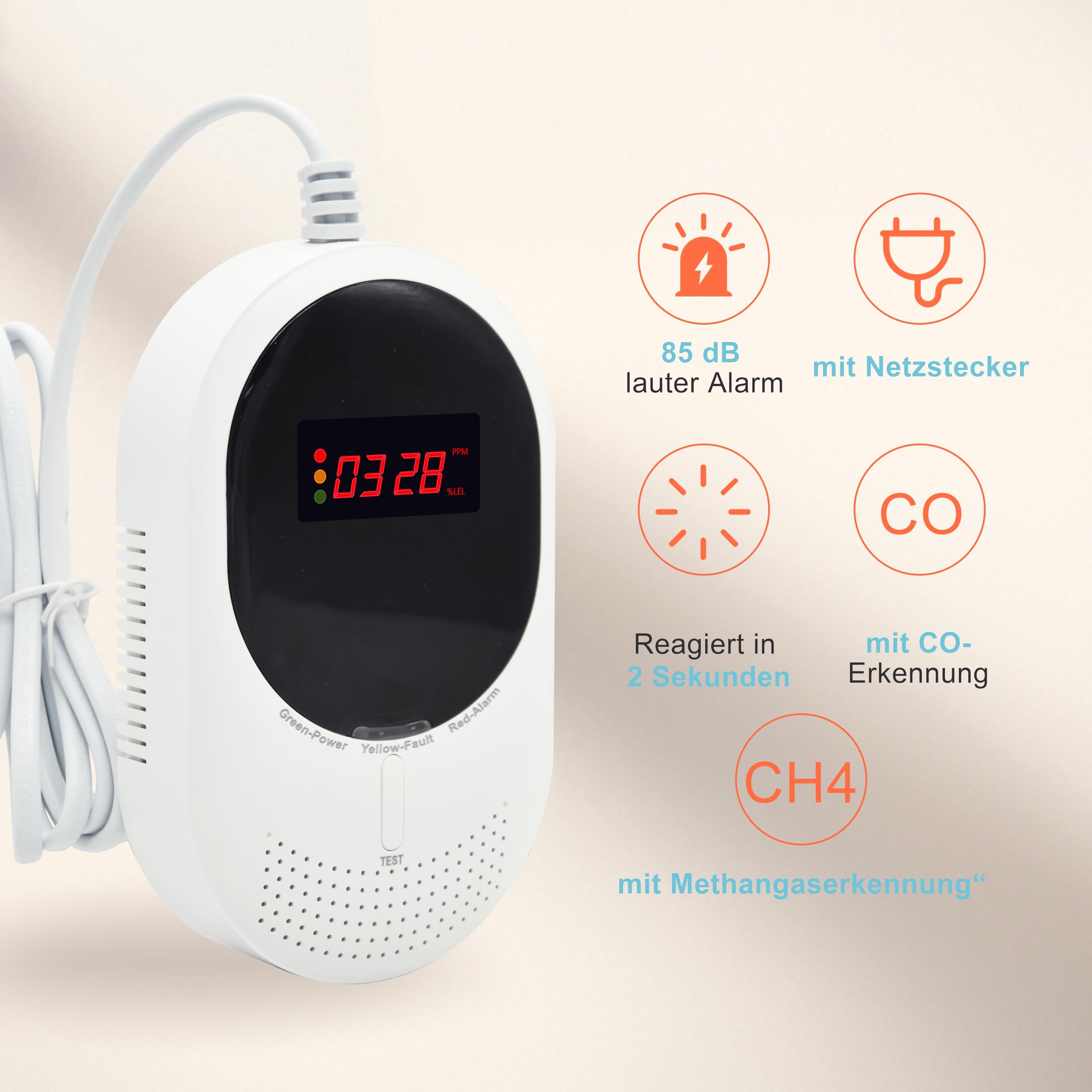Kohlenmonoxid & Gasmelder Steckdose – CO Alarm erkennt Methan, Erdgas & Propan, mit LCD Display & 85dB Warnton, EN50291 & EN50194 Zertifiziert, zuverlässiger Gasdetektor für Zuhause (2 Stück)