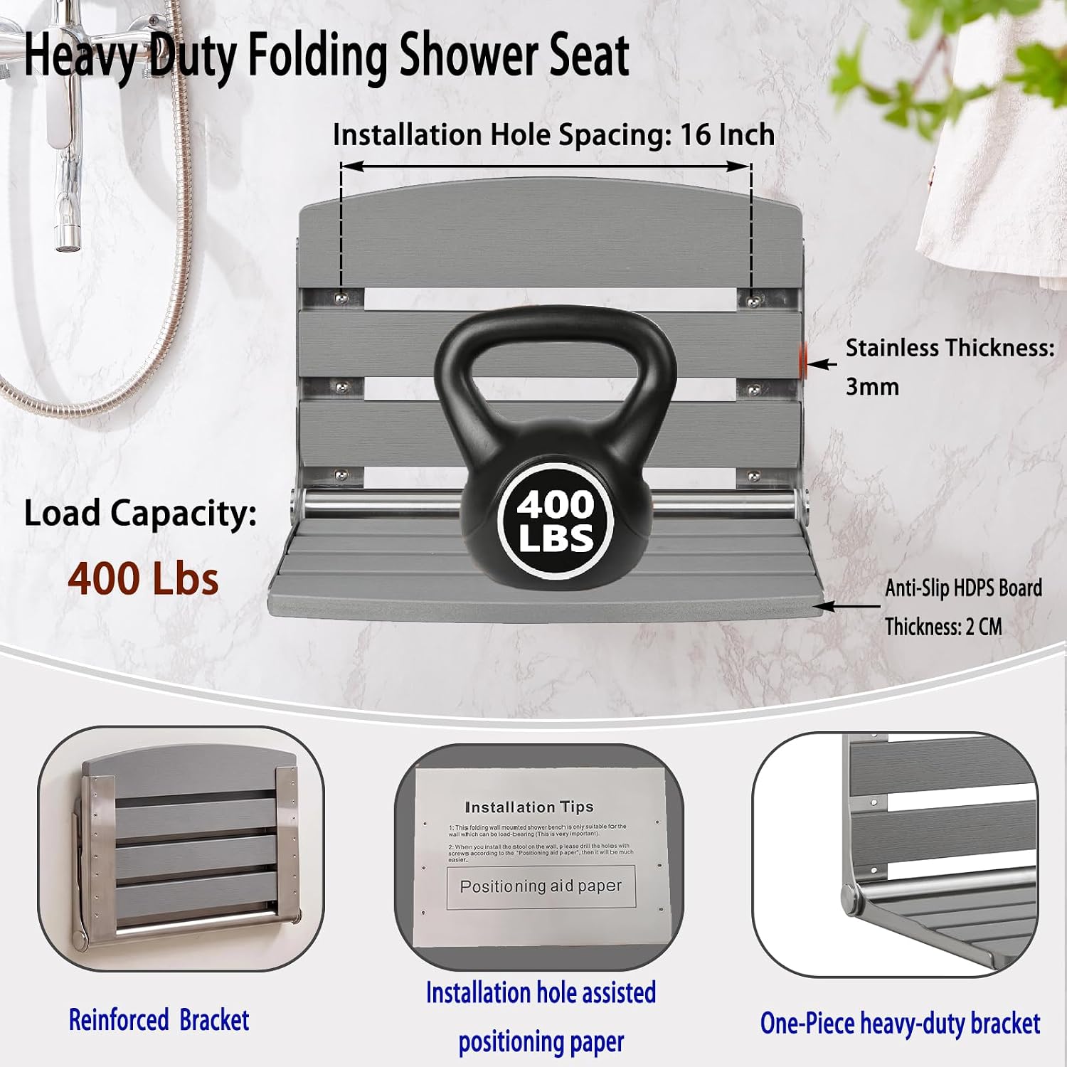 20" Folding Shower Seat Wall Mounted, HDPS Foldable Shower Bench (Grey) image 5