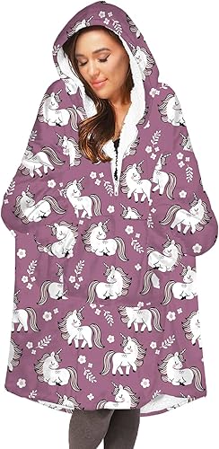 Miniatura 4 de TEMI Manta de terciopelo de felpa cómoda y suelta de gran tamaño con mangas elásticas para padres e hijos, Unicornio 02